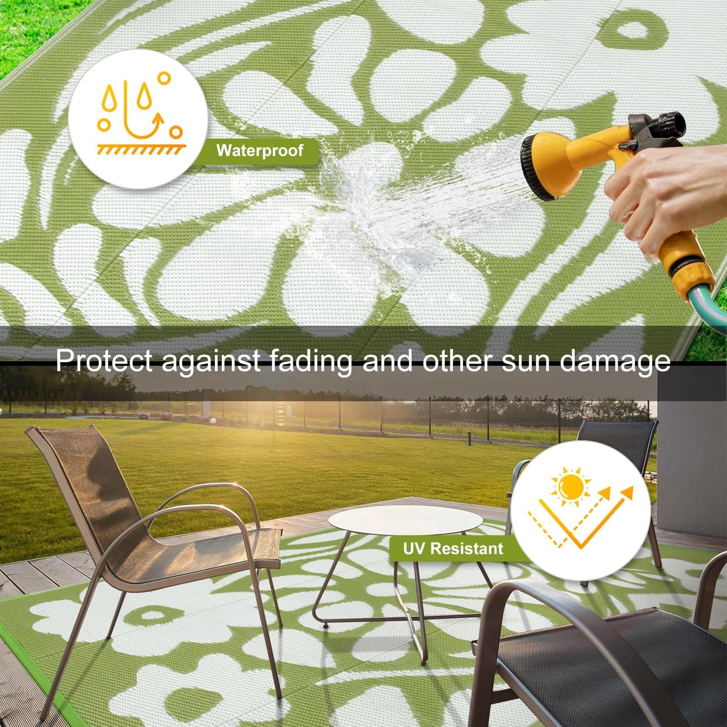 Uphome Outdoor Plastic Straw Mats 6x9 ft, Reversible Waterproof Outdoor Rug Carpet, Green Floral Patio Rug, RV Camping Rug for Outside, Indoor Outdoor Area Rug for Backyard Deck Balcony Picnic, 6'x9'