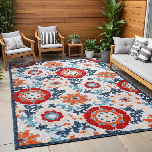 Superior Indoor Outdoor Area Rug, Perfect for Patio, Poolside, Backyard, Playroom, Kitchen, Dining Room, Entryway, Mudroom, Floral Scroll Floor Cover, Petunia Collection, 4' x 6', Multicolor