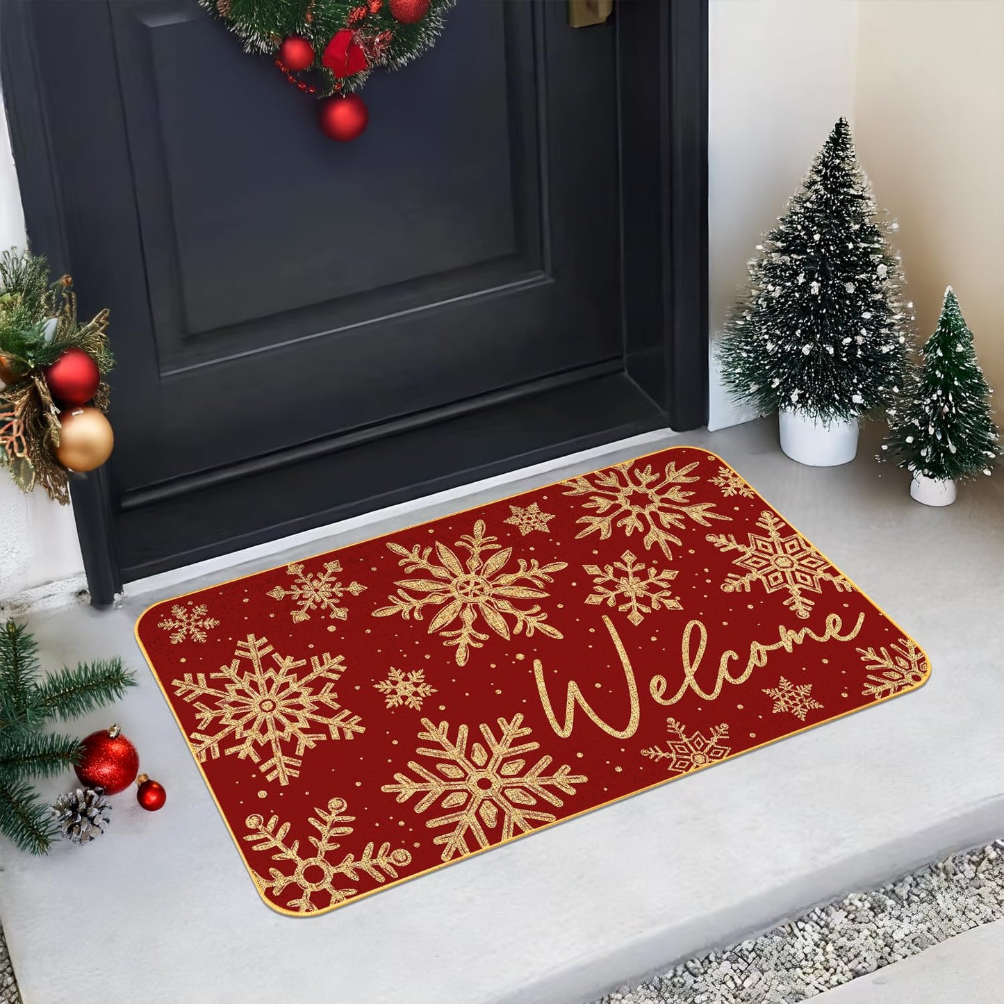 JYKCUL Snowflake Christmas Doormat,Snowflakes Winte Xmas Decorative Doot Mat Non-Slip Low-Profile Indoor Outdoor Welcome Mat Washable Winter Holiday Doormat 17" x 29"