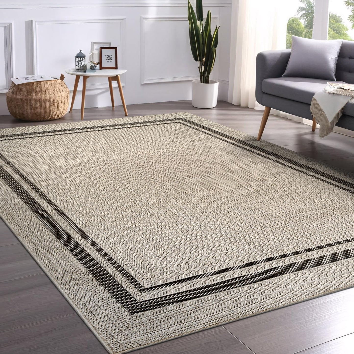 Beverly Rug Easy Jute Bordered Rug 10x14 Washable Large Indoor Outdoor Area Rugs for Living Dining Room Patio Office Stain Resistant Non Shedding Casual Indoor Outside Carpet 10 x 14 Off-White