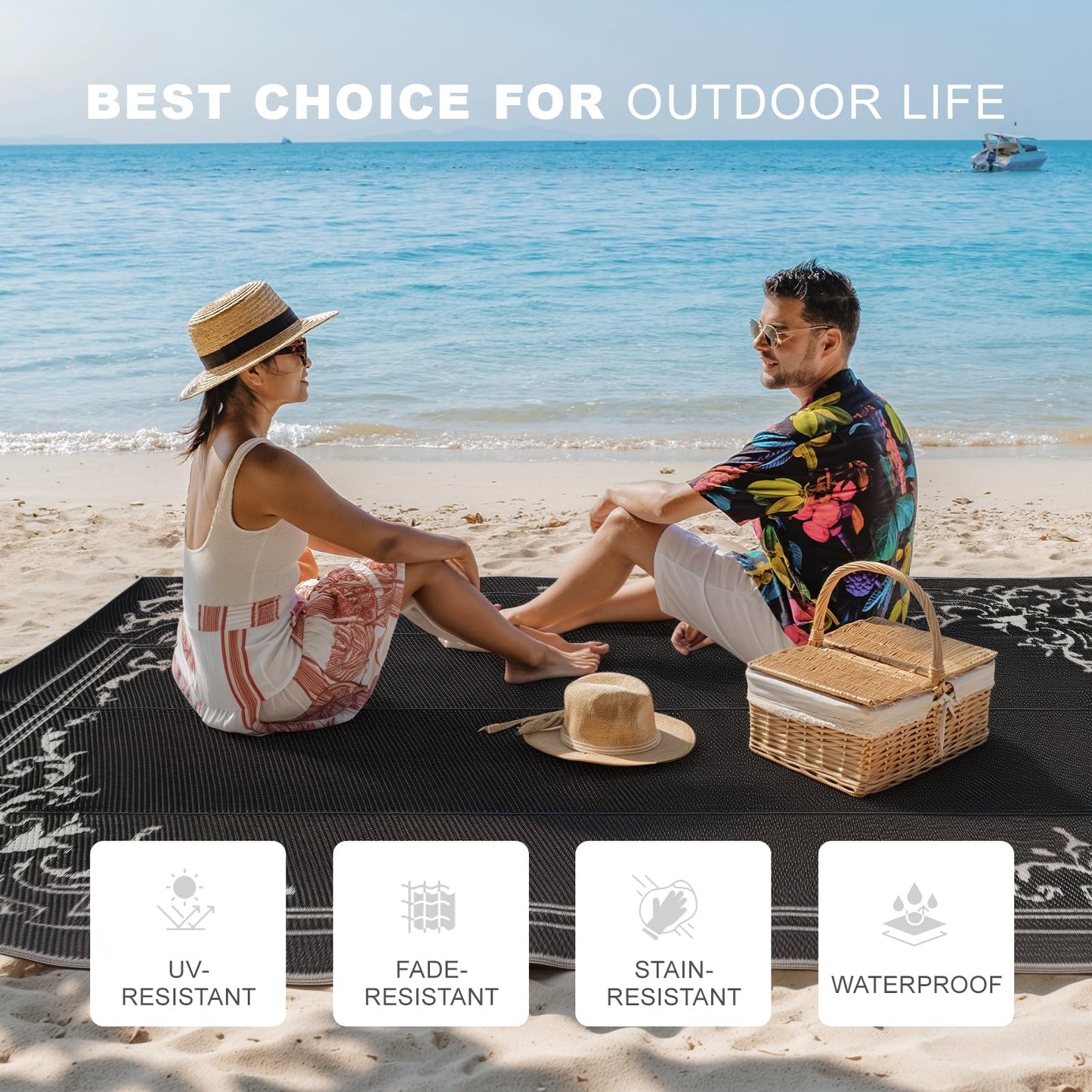 wikiwiki Outdoor Rug, 5x8ft Waterproof Reversible Mat Indoor Outdoor Rugs Carpet, Small Area Rug Plastic Straw Rug for Patio Deck Balcony Pool RV Camping Beach Picnic, Classic Black, Rugscape Series
