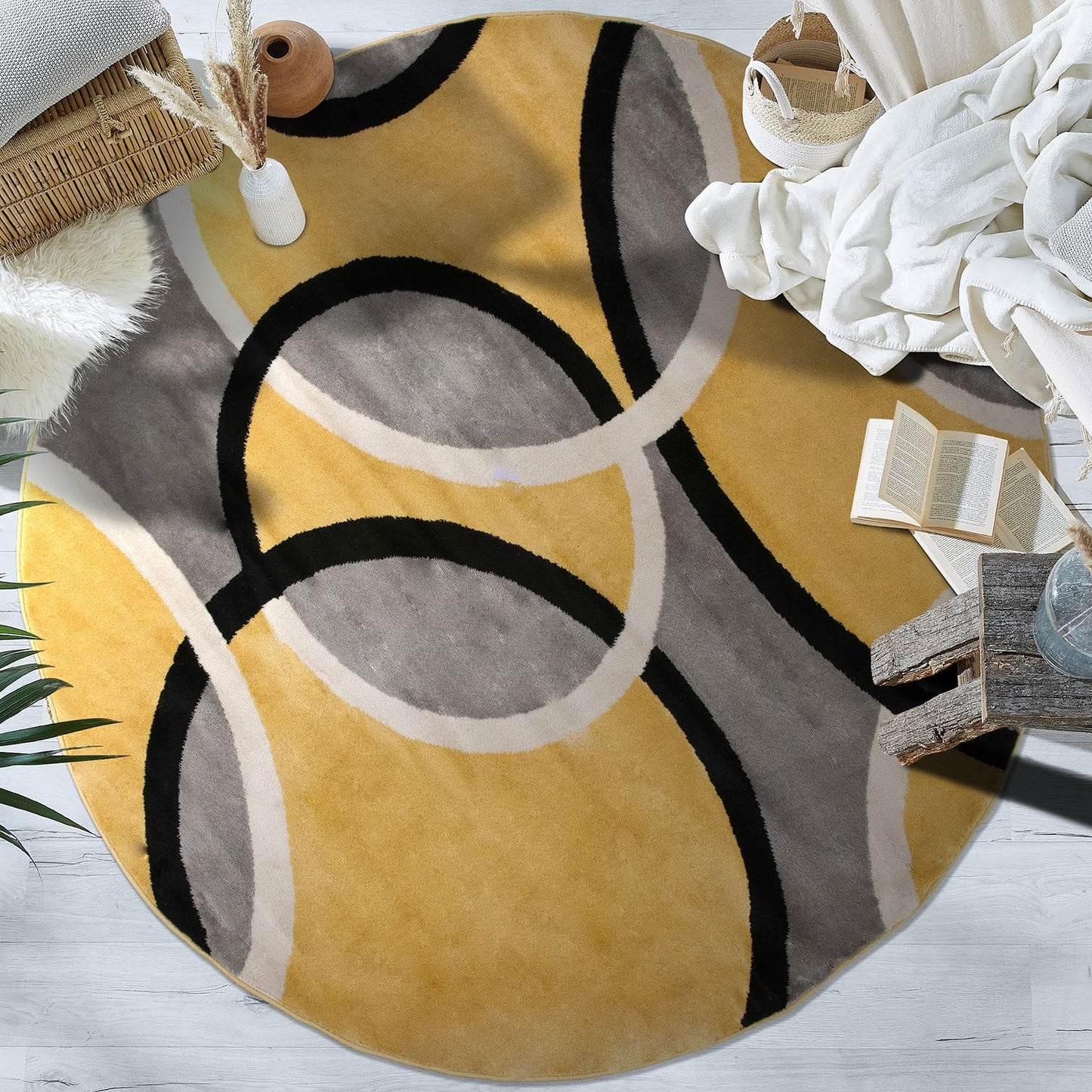 Rugshop Contemporary Abstract Circles Round Rug, Carpet with Jute Backing for Dining Room, Living Room, or Breakfast Nook, Yellow, 6'6" Round