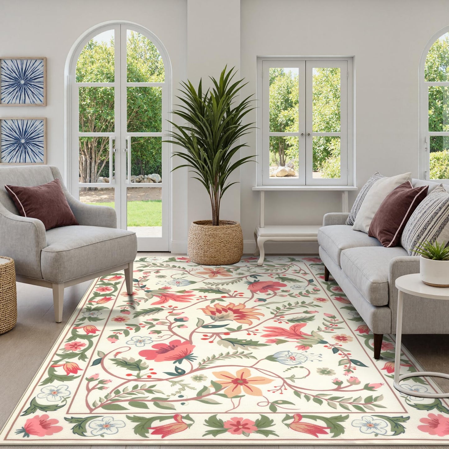 Uphome Indoor Outdoor Area Rug 6x9 ft, Large Floral Patio Rugs for RV Camping Outside, Washable Living Room Mat Non Slip, Breathable Floor Carpet for Bedroom Deck Porch Backyard, Beige