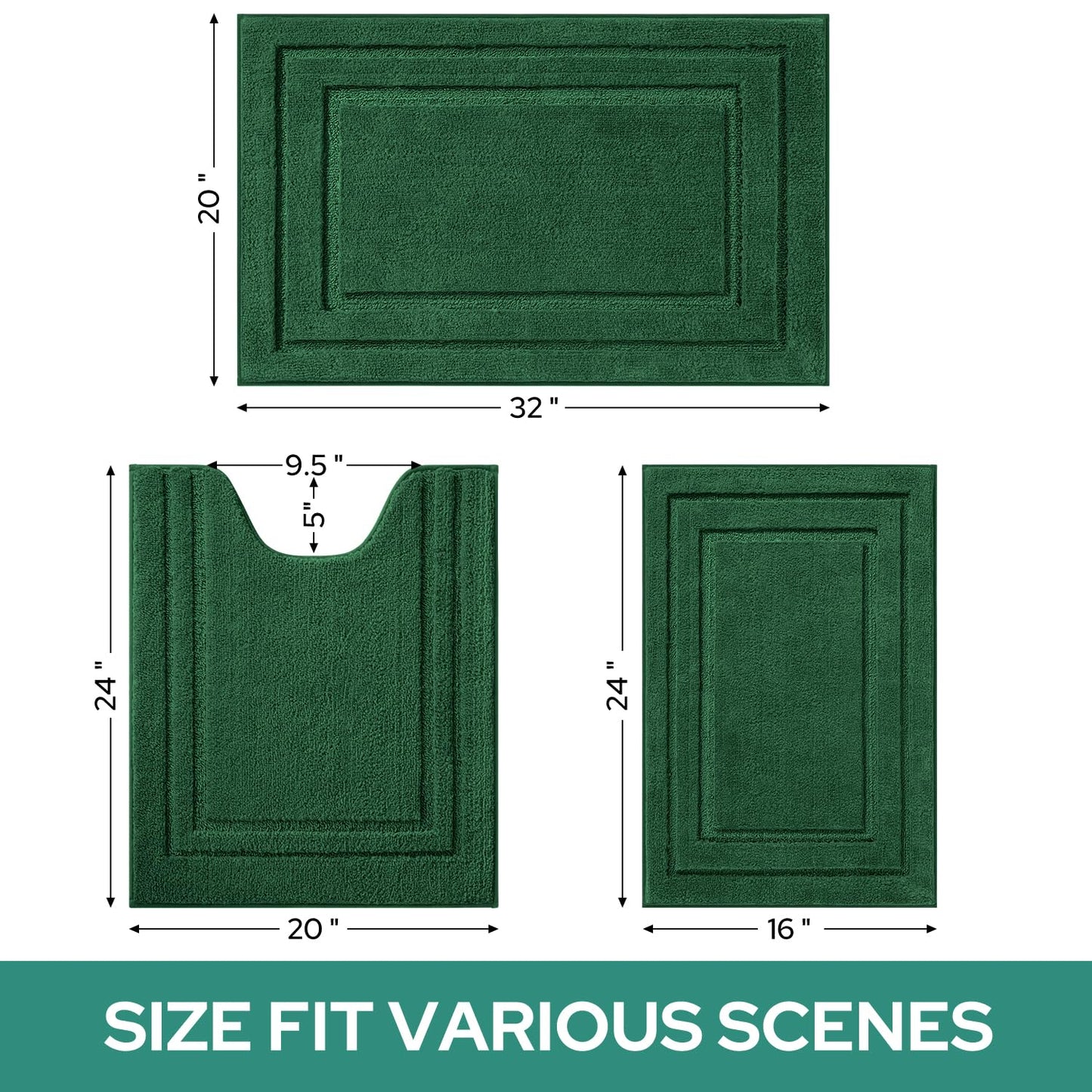HOMEIDEAS Bathroom Rugs Sets 3 Piece, Super Soft and Absorbent Non Slip Microfiber Toilet Bath Mat with U-Shaped (Dark Green)