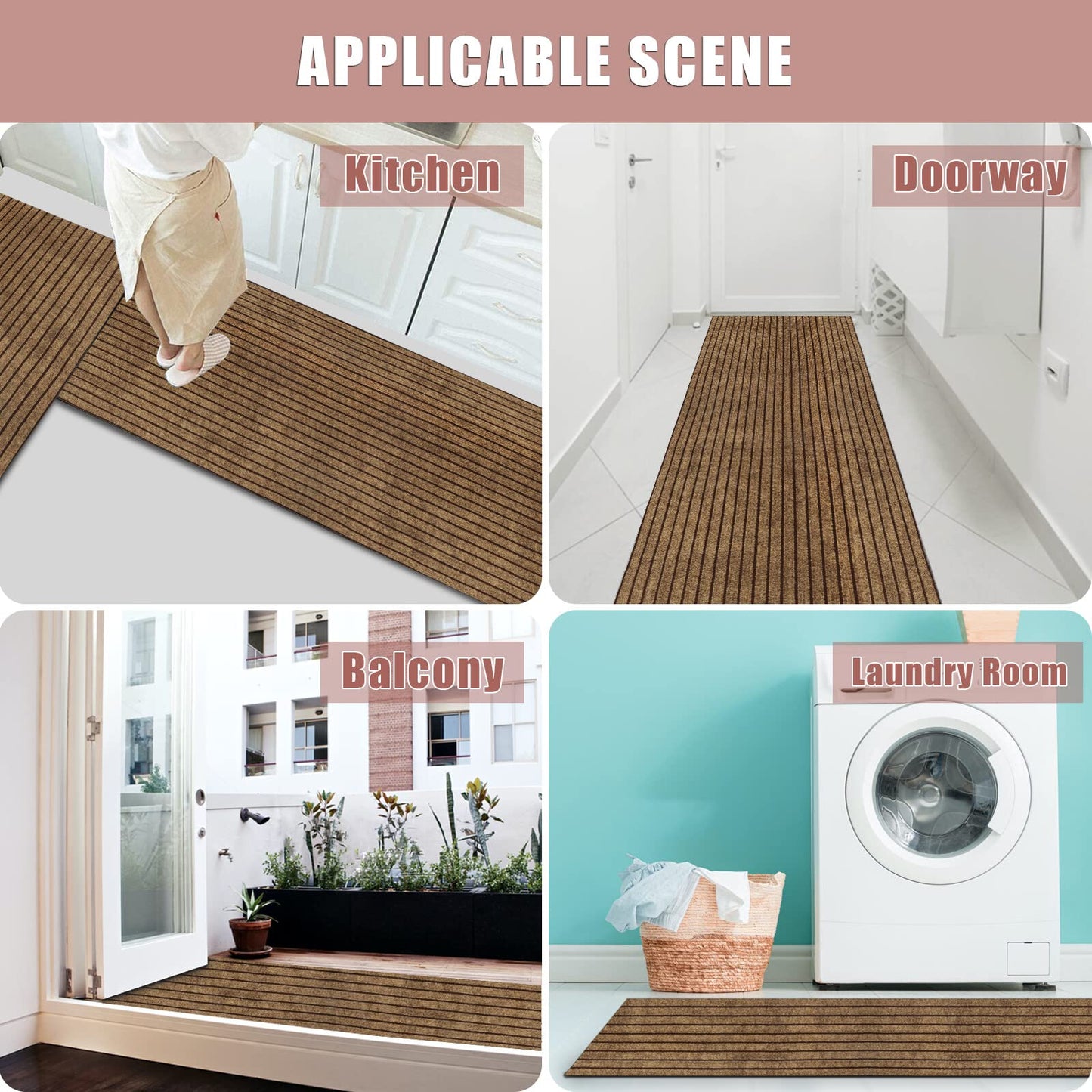 Runner Rug 2 ft x 6 ft Indoor/Outdoor Low Profile, Hallway, Kitchen, Patio, Deck Area, RV, Entryway, Garage, with Non-Slip Rubber Backing, Brown with Brown Stripe, Custom