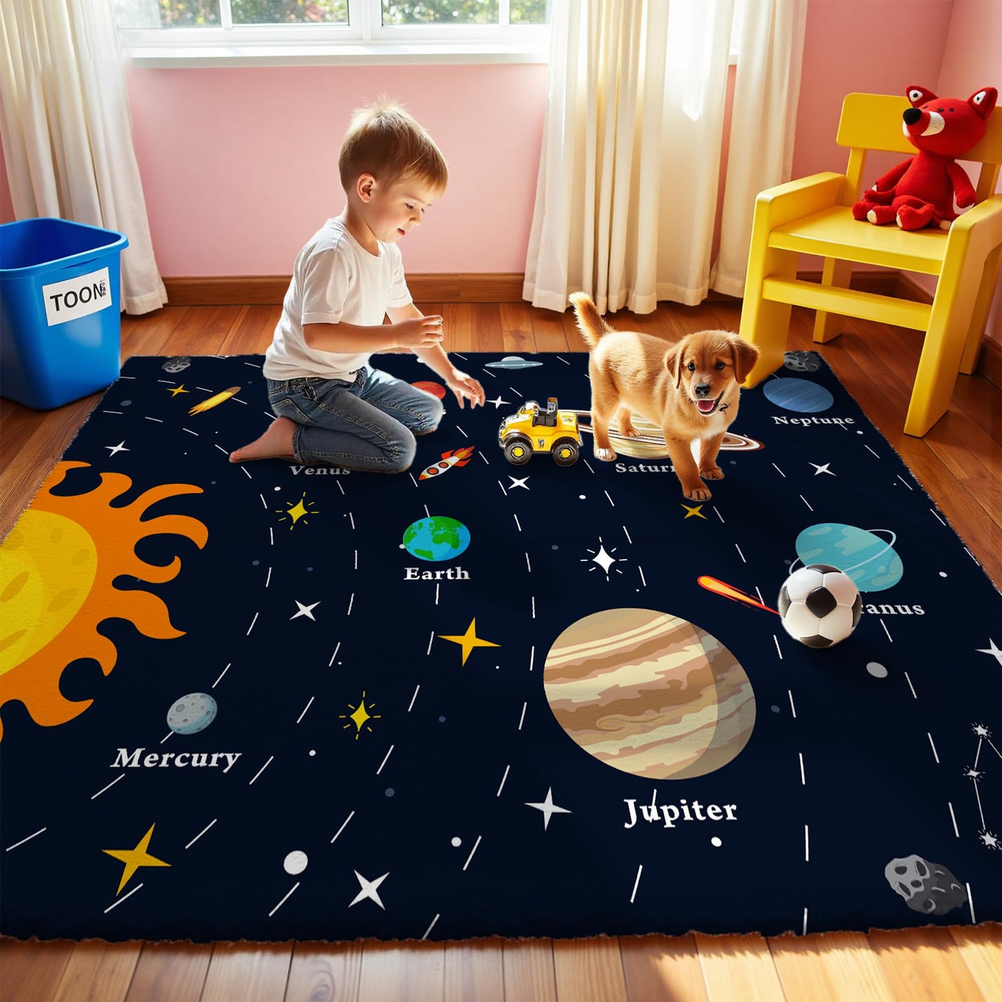 Nayoroom Solar Planets Play Rug - 5x7ft Kids Carpet with Solar Planets Words Design, Non-Slip Faux Wool Educational Rug for Kids, Bedroom Playroom Gift.