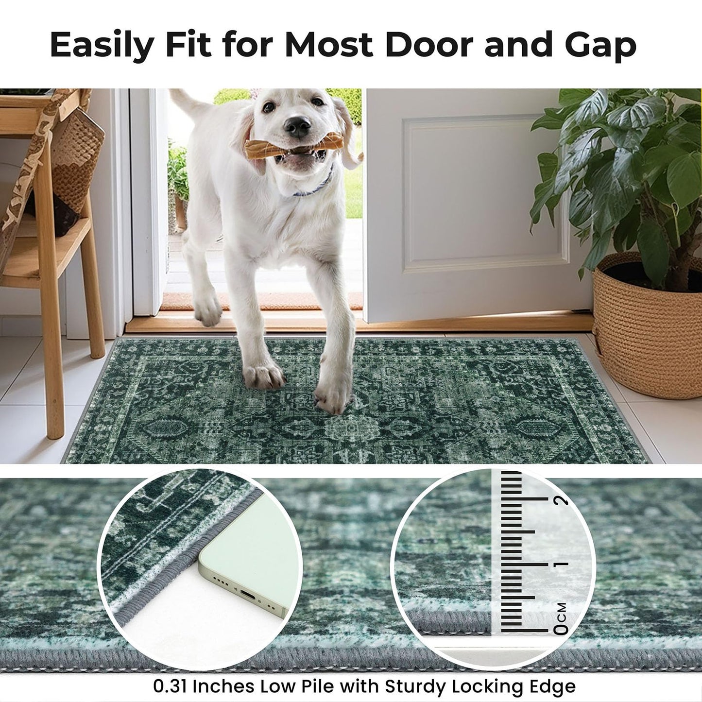 KOZYFLY Boho Area Rug 3x5 Ft Rugs for Entryway Washable Entry Rug Non Slip Door Mat Indoor Entrance Printed Faux Wool Throw Rugs for Entrance Kitchen Living Room, Dark Green