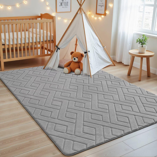 Macgace Ultra Soft Grey Area Rug for Bedroom, 4x6 Modern Geometric Shag Rugs with Nonslip Backing for Living Room, Washable Fuzzy Carpet for Cozy Kids Room Nursery