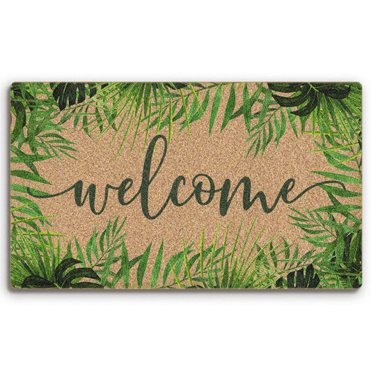 BitKAM Tropical Green Botanical Coco Coir Doormat Door Welcome Mat for Home Entrance Front Door, Summer Fern Monstera Leaf Welcome Floor Mats for Outdoor Outside Entryway 30x17 Inch