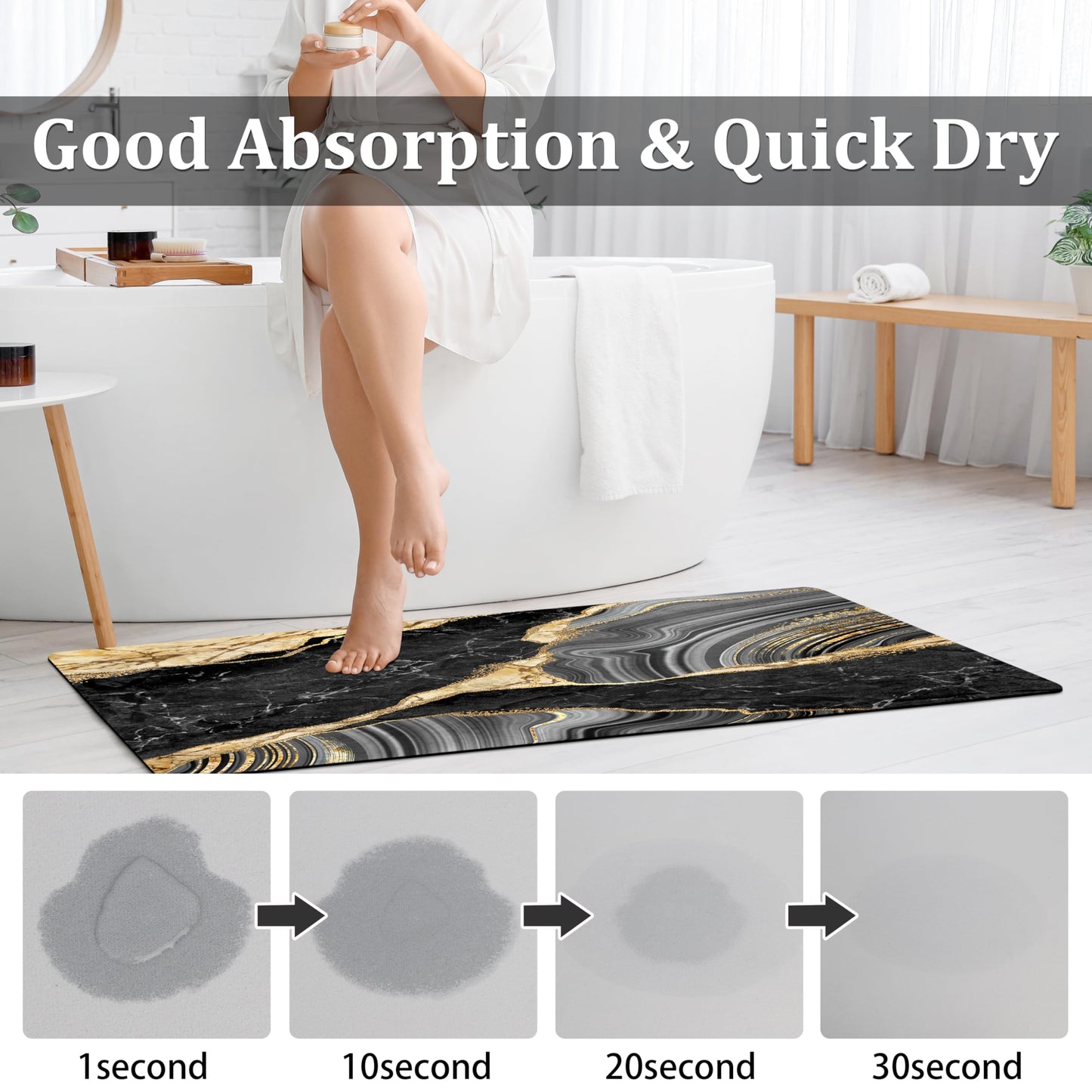 FNLNDO Black and Gold Bathroom Rugs Marble Long Runner Rug Bath Mats Gold Bathroom Decor Absorbent Non Slip Shower Mats with Rubber Backing for Home Laundry (17"x 47", Black & Gold Marble)