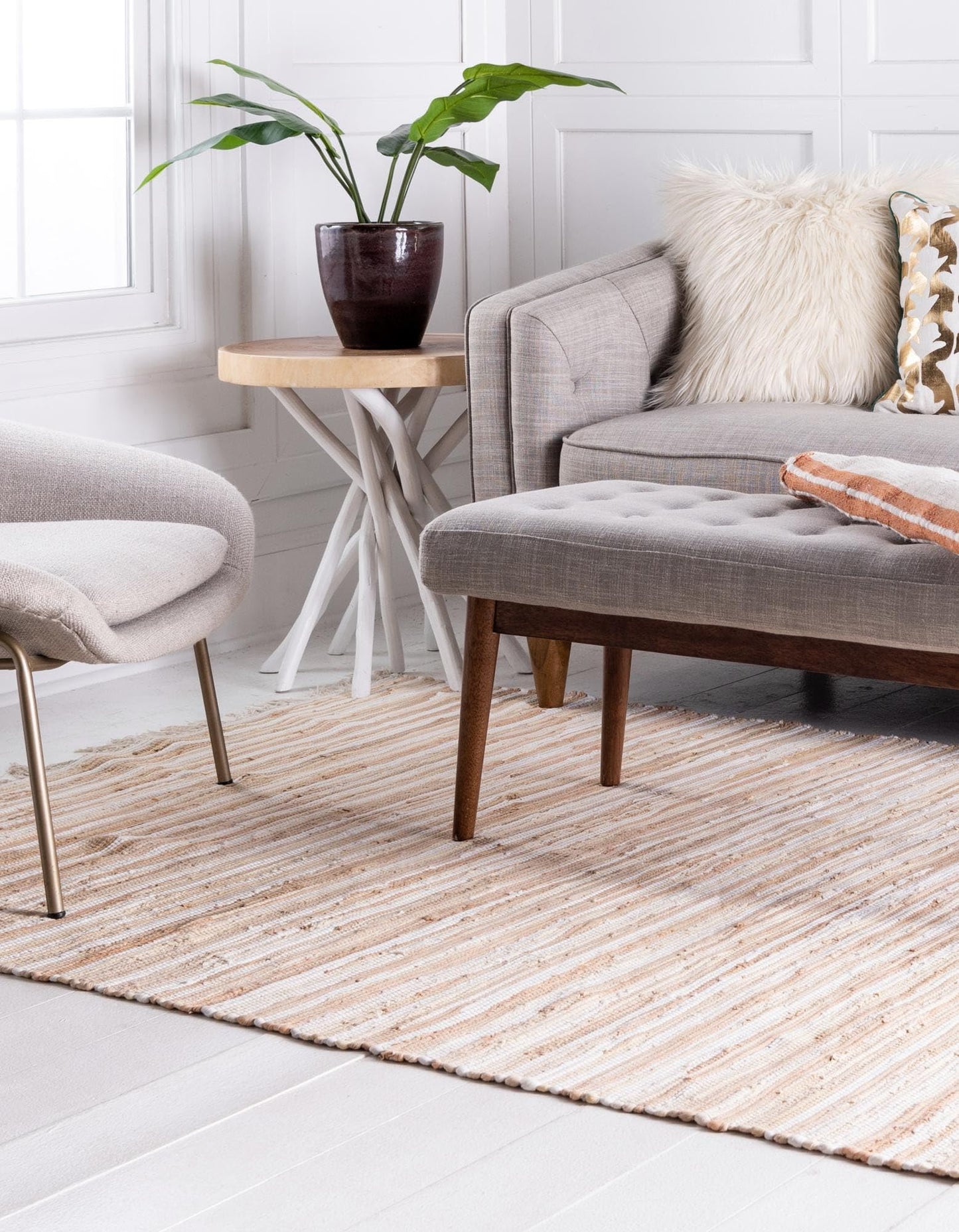Rugs.com Chindi Cotton Collection Rug – 4' x 6' Beige Flatweave Rug Perfect for Living Rooms, Large Dining Rooms, Open Floorplans