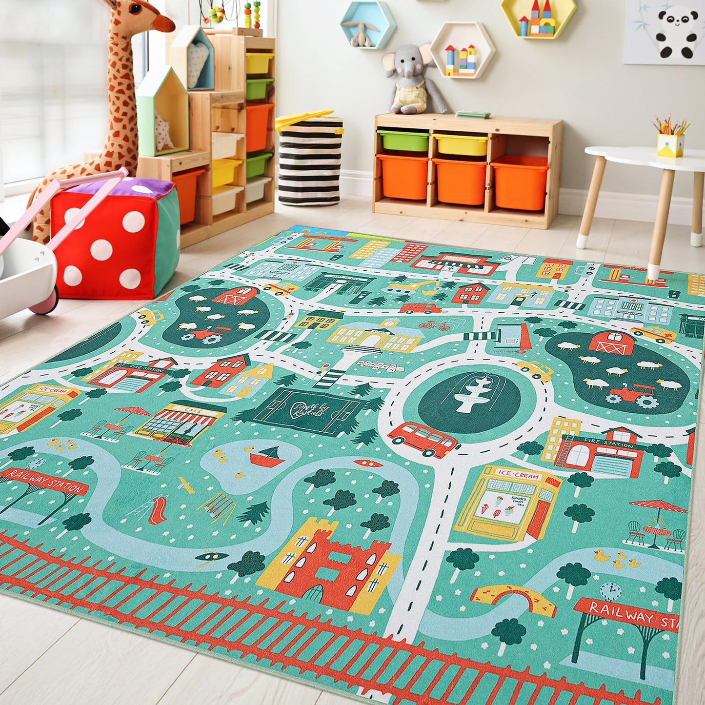 UKISS Educational Play Rug，55"x55" Traffic Road Kids Car Mat,Non-Slip Washable City Kids Play Mat,Area Rug Kid Carpet for Playroom Living Room Nursery Room Decor,Green
