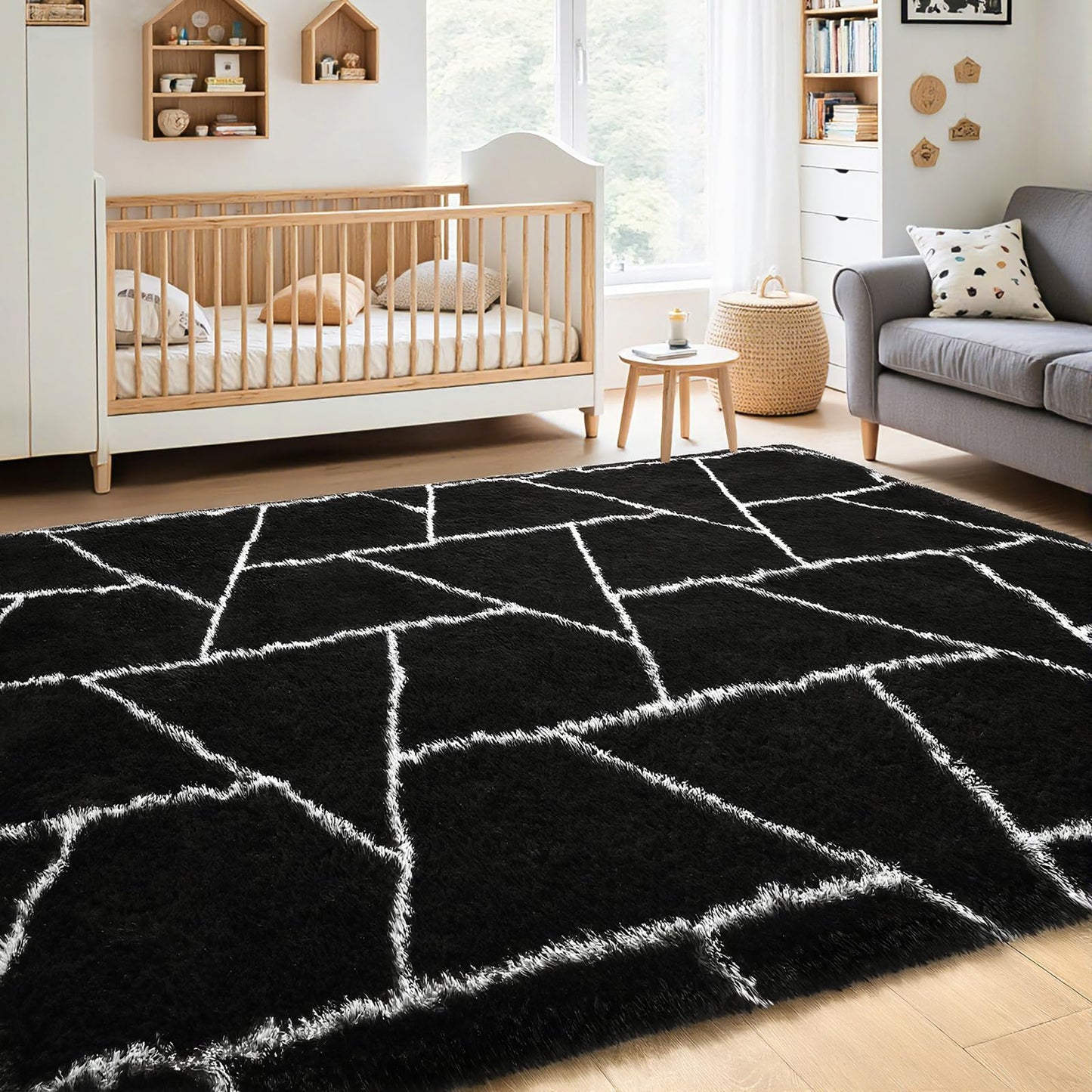FALARK Fluffy Area Rugs for Living Room Bedroom, Modern Geometric 4x6 Feet Black Rug, Soft Plush Shaggy Fuzzy Floor Bedside Carpet for Nursery Kids Girls Boys Teen Dorm Home Office Decor