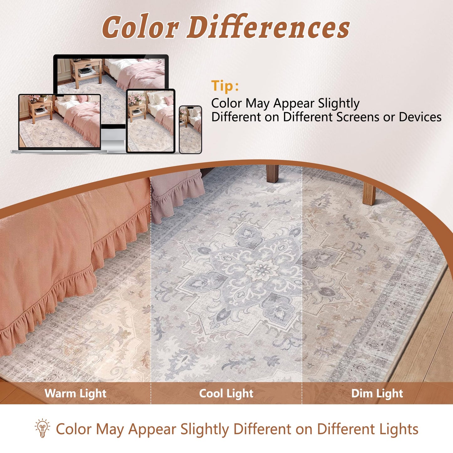 TTelephant 4x6 Bedroom Rug, Soft Non-Slip Vintage Medallion Rug, Low-Pile Printed Indoor 4x6 Washable Area Rugs for Living Room, Bedroom Bedside -Light Blush/Cream