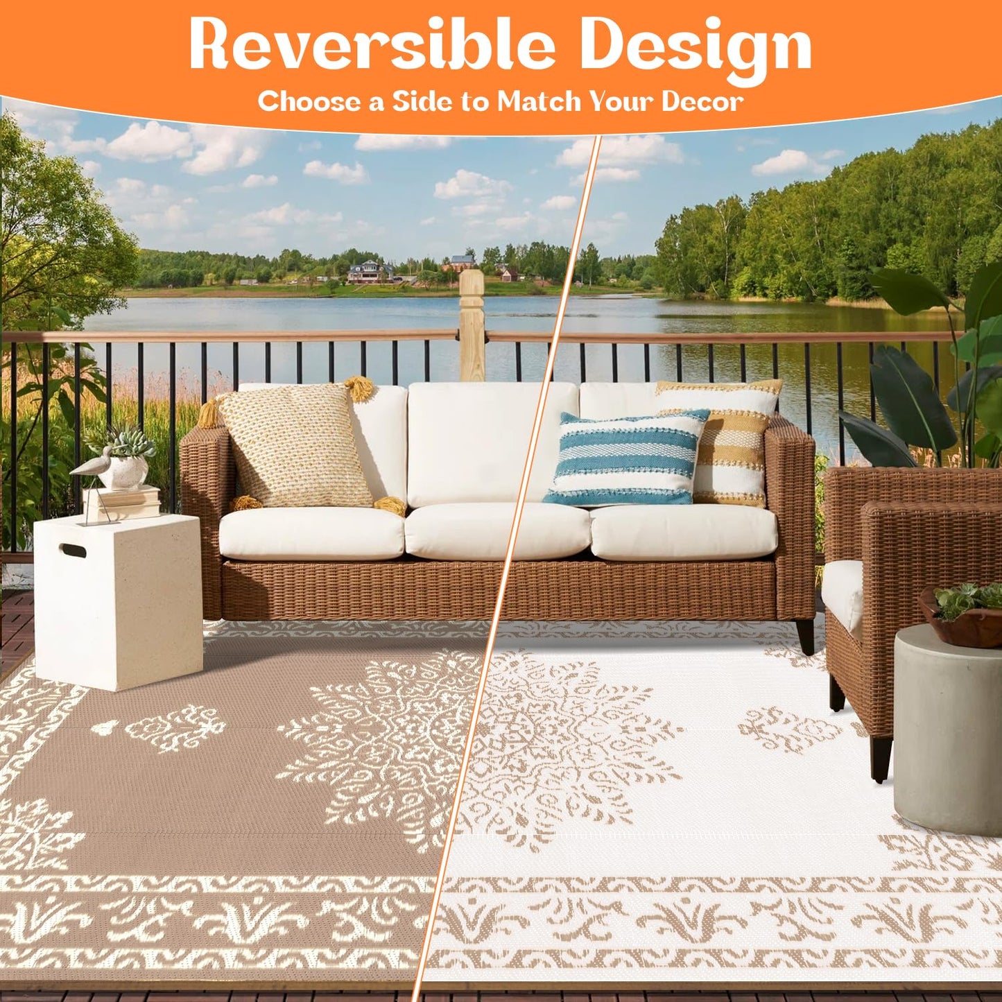 Yamaziot Outdoor Rug 8x10 Ft, Waterproof Plastic Straw Patio Rug, Reversible Backyard Carpet UV Resistant Portable RV Mat Clearance, Large Indoor Outdoor Rug for Patio, Porch, Deck, Balcony, Brown
