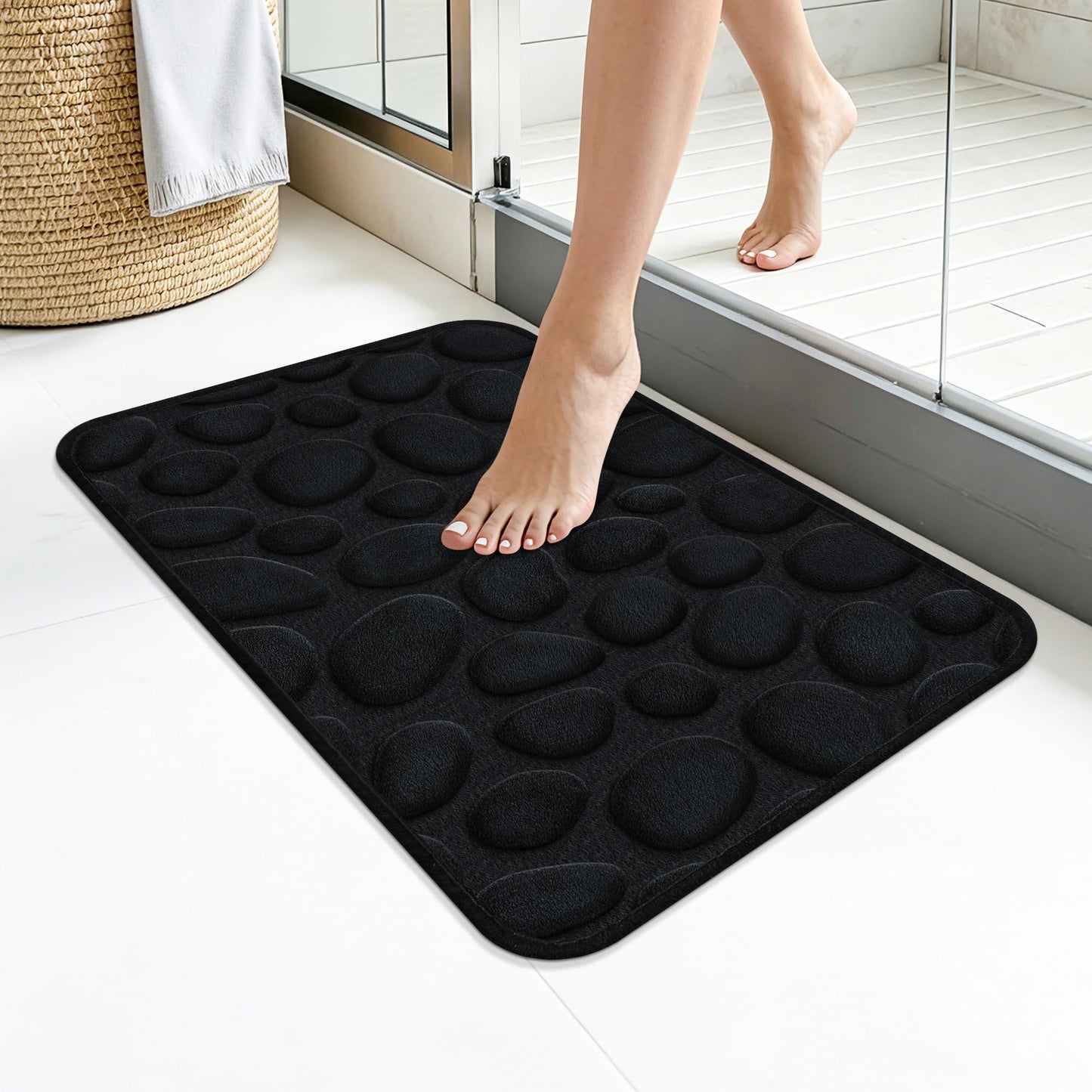 SharpWeaRug Memory Foam Bath Mat,16x24 Inch Non Slip Cobblestone Bath Mats,Manchine Washable Absorbent Bathroom Floor Mats,Ultra Soft and Quick Dry Bath Rugs for Bathroom Tub and Shower,Black