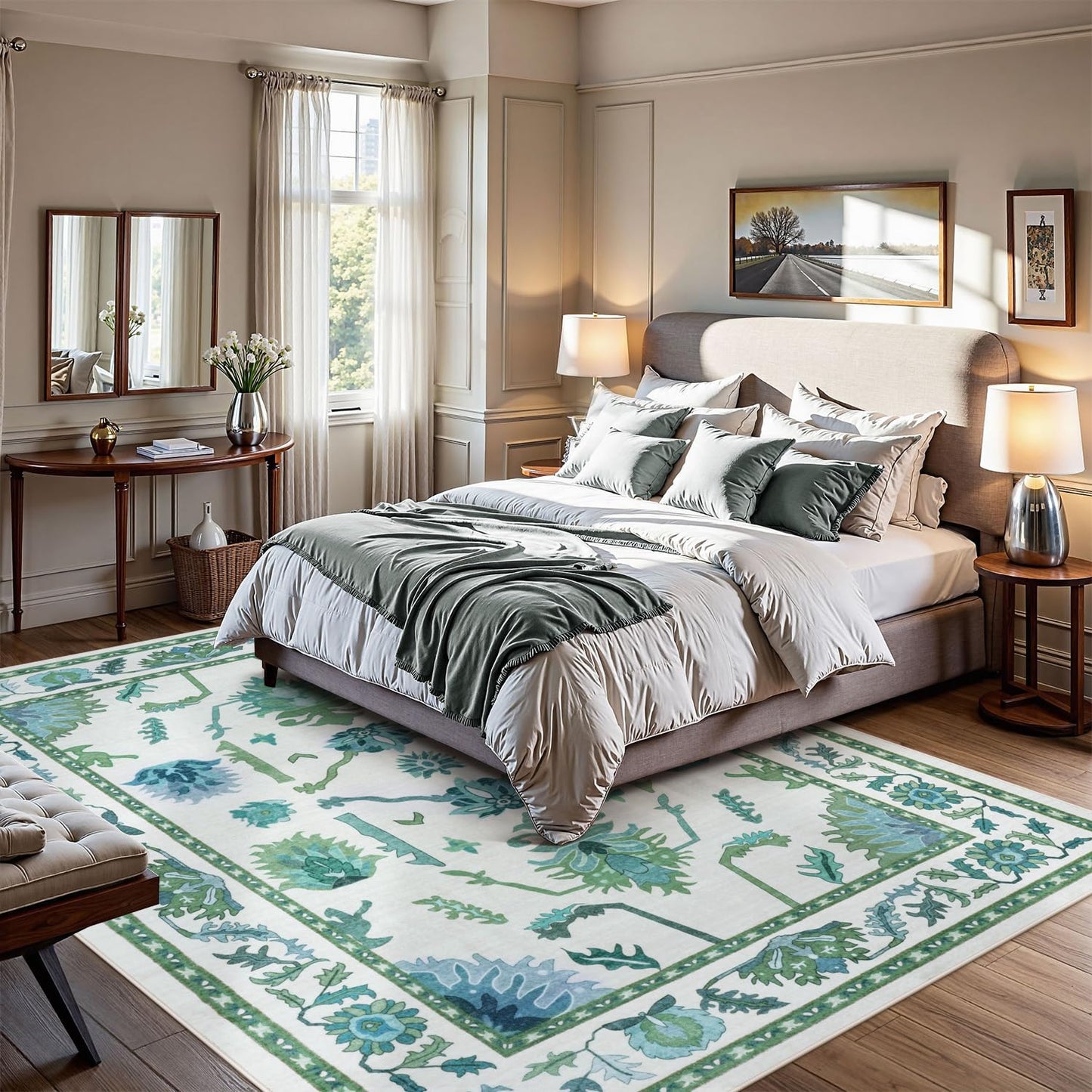 Uphome Green Washable Rugs 8x10, Floral Oushak Rugs for Living Room Bedroom, Non-Slip Soft Turkish Dining Room Rug, Modern Abstract Ultra-Thin Large Carpet for Office Playroom Dorm