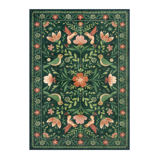 Moynesa Living Room Rug 5x7, Washable Modern Cottage Green Area Rugs for Bedroom Dining Room, Farmhouse Aesthetic Floral Bird Print Carpet, Vintage Home Decor Open Floor Areas Non-Slip Protection