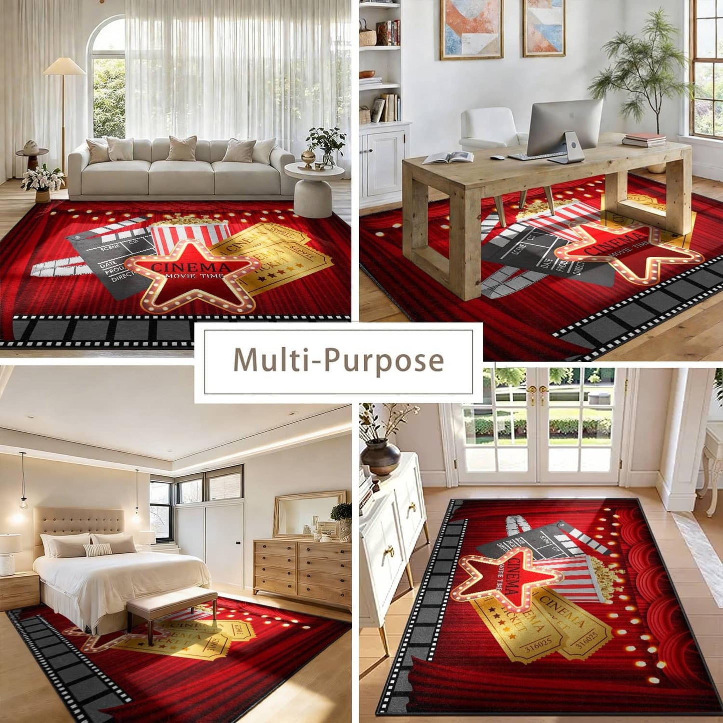 LGGLOVELIN Cinema Movie Time Area Rug 8x10ft, Indoor Low Pile Large Carpet, Red Curtain Popcorn Ticket, Washable Non-Slip Soft Rugs for Home Theater Living Room Bedroom Movie Night Decor Mat