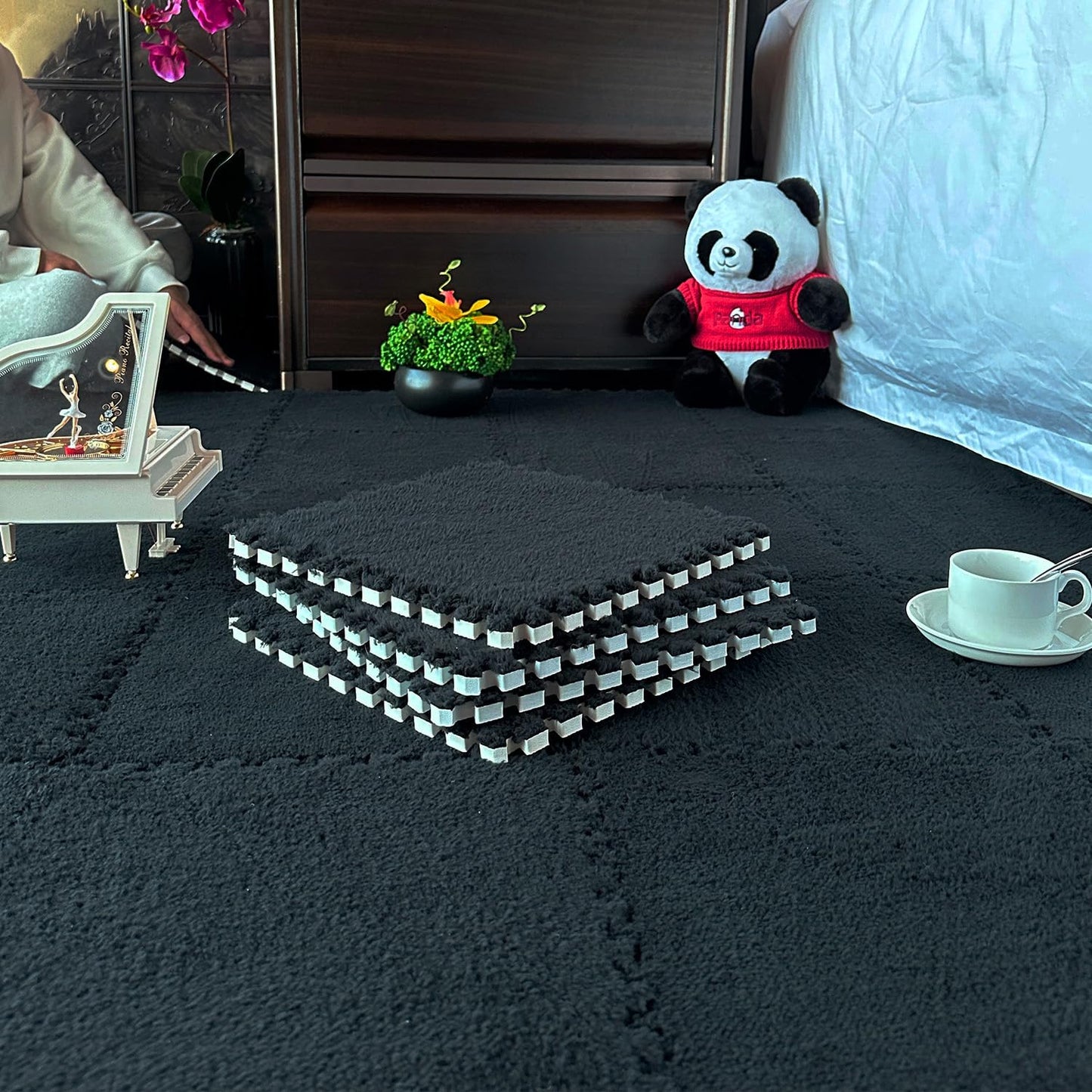 12 Pcs Carpet Foam Floor Tiles Kids Play Mat Plush Interlocking Carpet Tiles Anti-Slip Soft Protect Baby Foam Mats Replaceable Washable Puzzle Floor Mats for Playroom, Bedroom, Home Decor, 49" x 37"