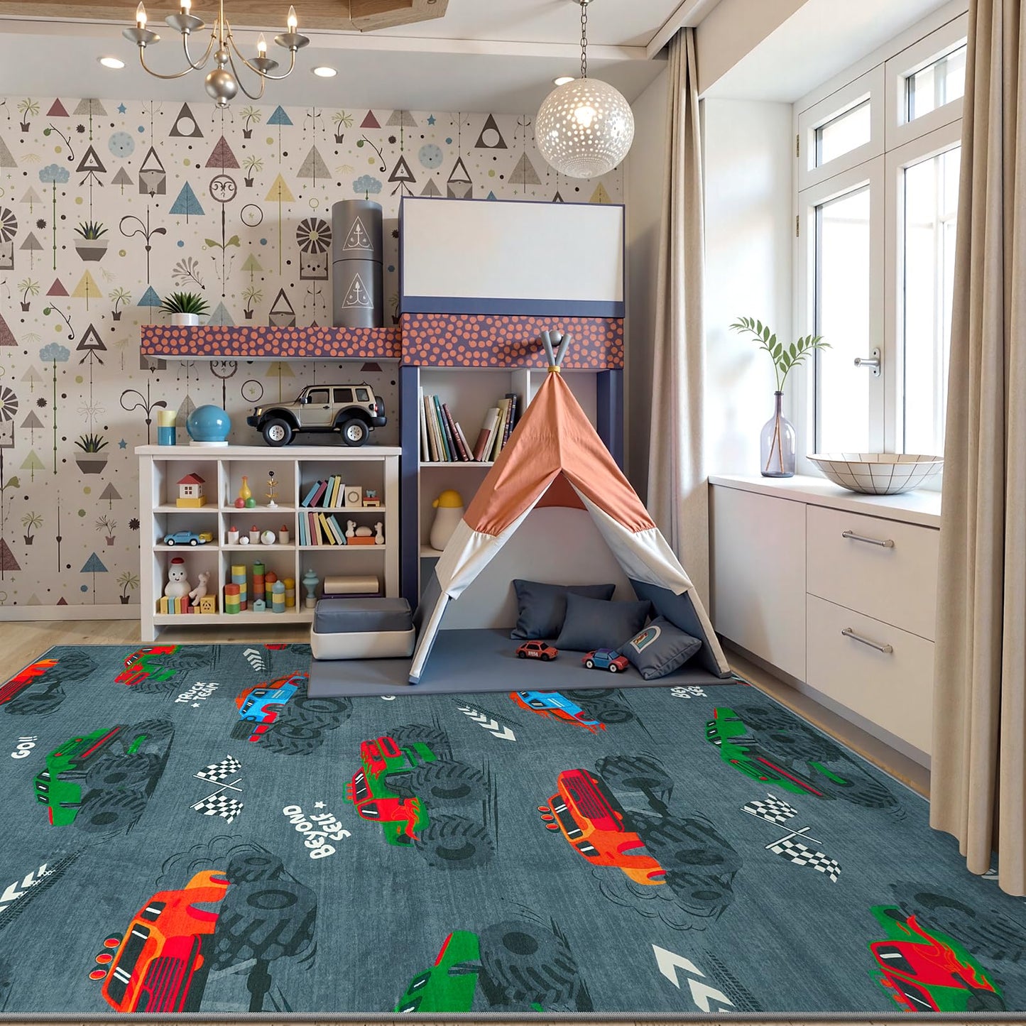 STARUIA 5x7 Washable Car Rugs for Boys Room, Large Cool Race Truck Kids Rug for Bedroom, Soft Boys Play Rug Construction Carpet for Kids Room Playroom Living Room（Grey