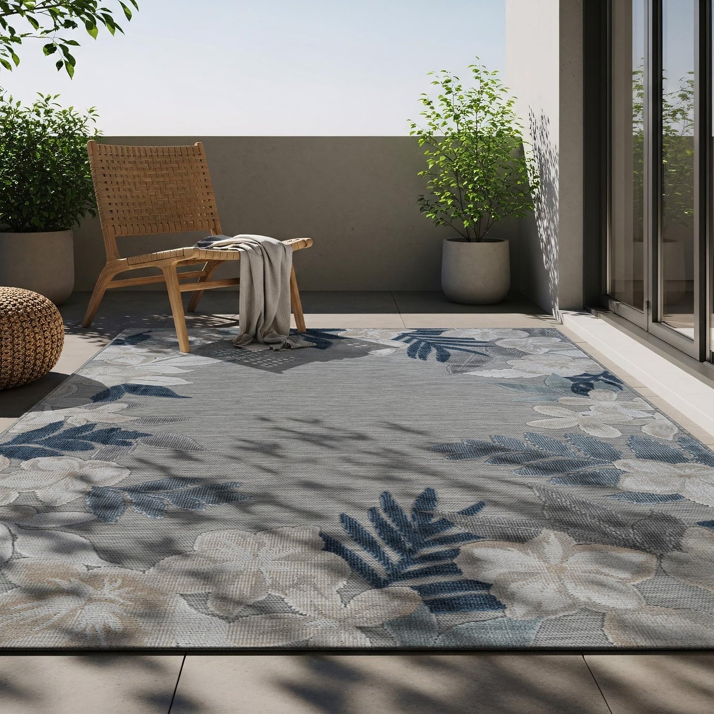 Outdoor Rug 5x7 Washable Area Rugs Indoor Outdoor Carpets Blue Border Floral Non Shedding Waterproof Easy Clean Patio Deck Porch Living Room Bedroom Garden RV (5 X 7 Blue)