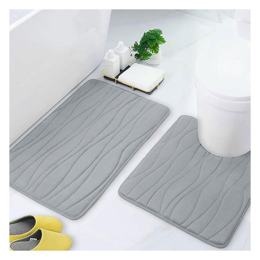 santanu Luxury Flannel Memory Foam Bathroom Rugs Sets 2 Piece - 32x20 Bath Mat + 24x20 U-Shape Contour Rug, Water Absorption Soft Non Slip Thick Absorbent Washable Dry Fast (Wave Light Grey)