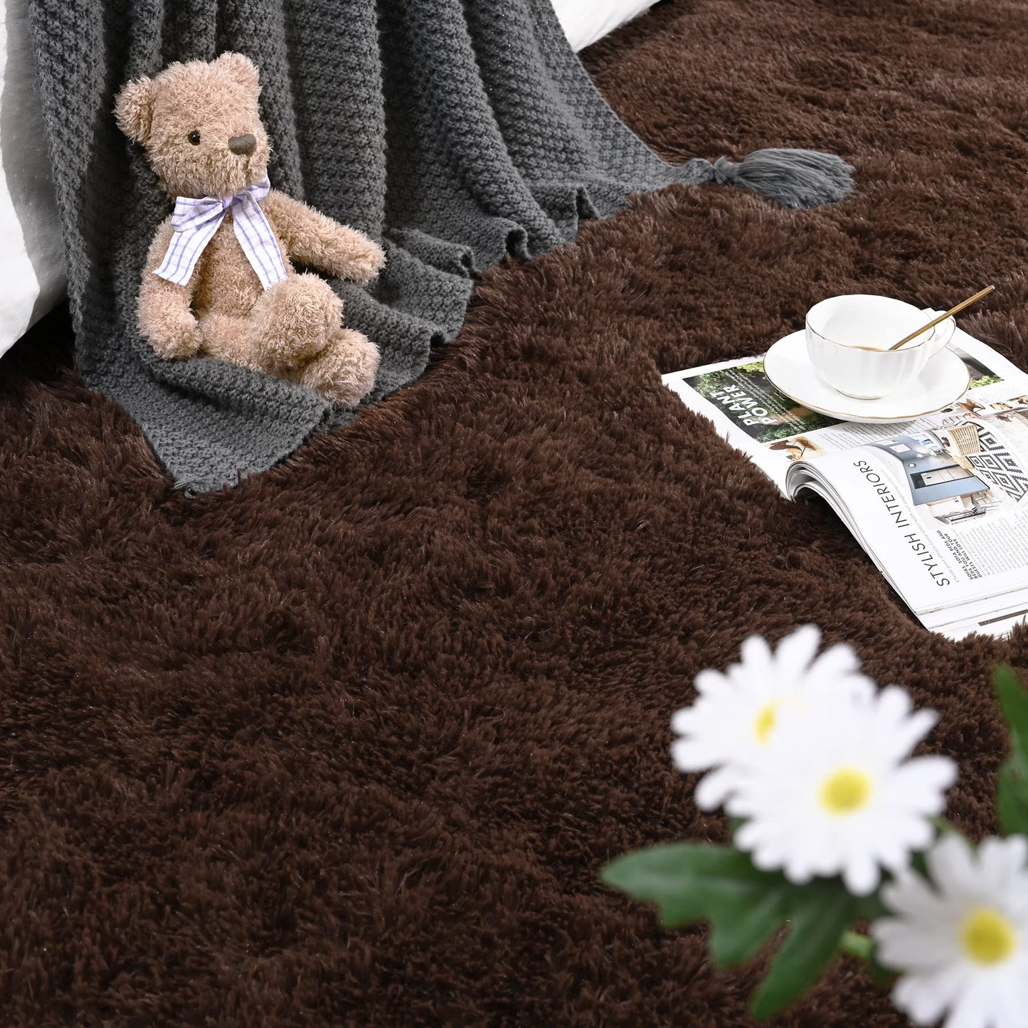 DETUM Fluffy Area Rug Coffee 4x6 for Bedroom Soft Living Room Rug Large Washable and Nonslip Carpets Modern Home Decoration