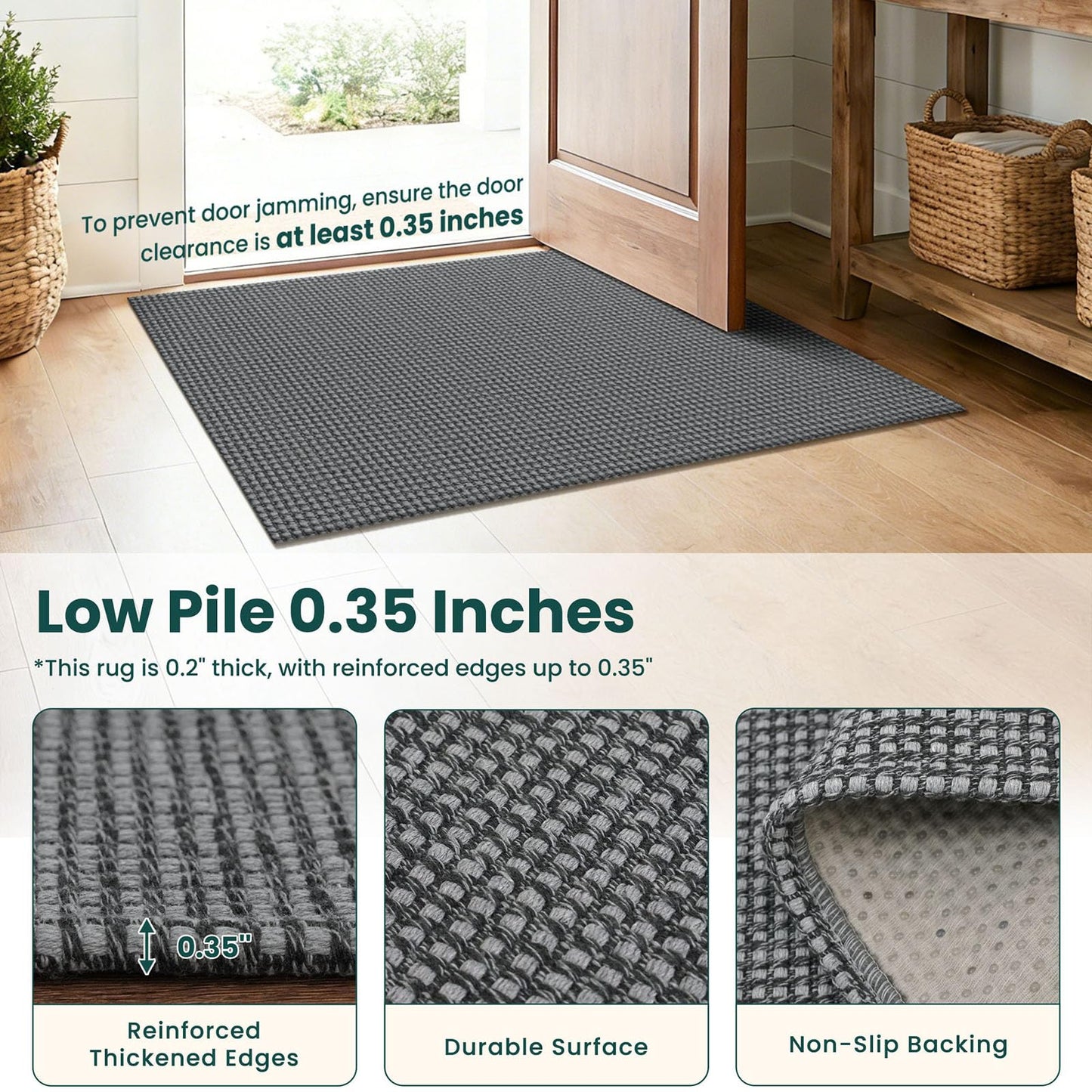 KOZYFLY Rugs for Entryway 3x5 ft Washable Area Rug Non Slip Rubber Backed Entry Rug Woven Indoor Door Mat Cotton Kitchen Rugs Floor Carpet for Entryway, Foyer, Backdoor, Grey/Dark Grey