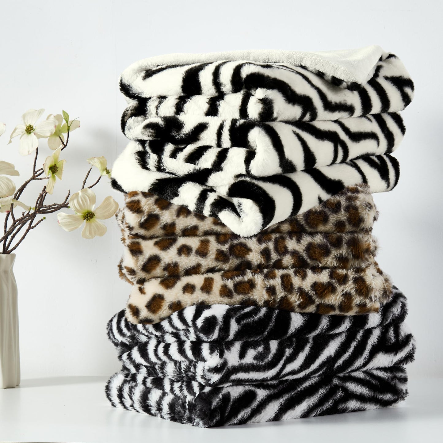 JONIYEAR Soft Fluffy Zebra Print Faux Rabbit Fur Throw Blanket 50" x 60", Luxury Cozy Shaggy Fuzzy Blankets, Reversible Cute Warm Animal Printed Blanket for Women Winter,Washable,Cream White and Black