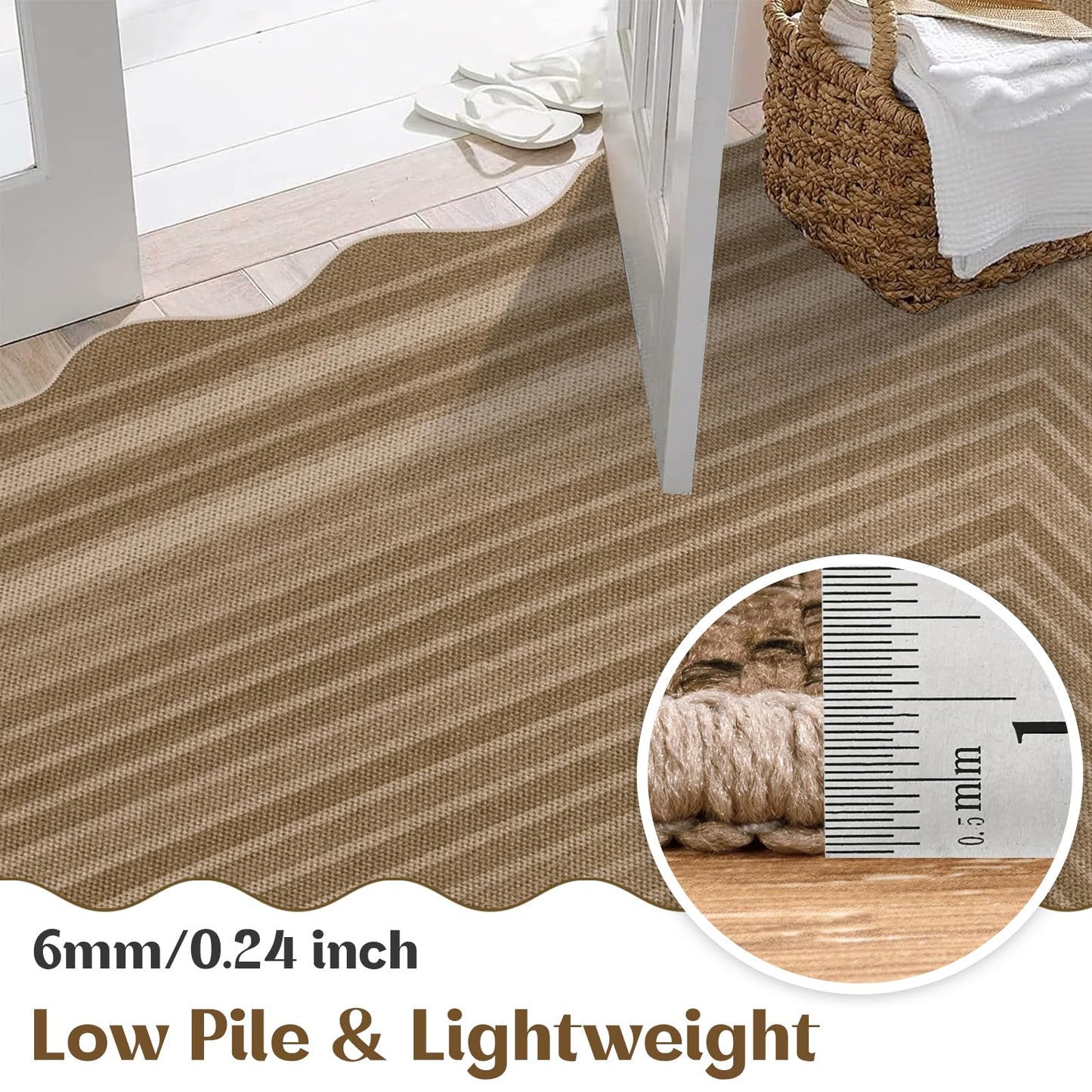 Yamaziot Washable Indoor Outdoor Rug 5x8, Scalloped Geometry Faux Tan Jute Outdoor Carpet Non Slip Modern Woven Textured Patio Rug for Backyard Balcony Deck, White