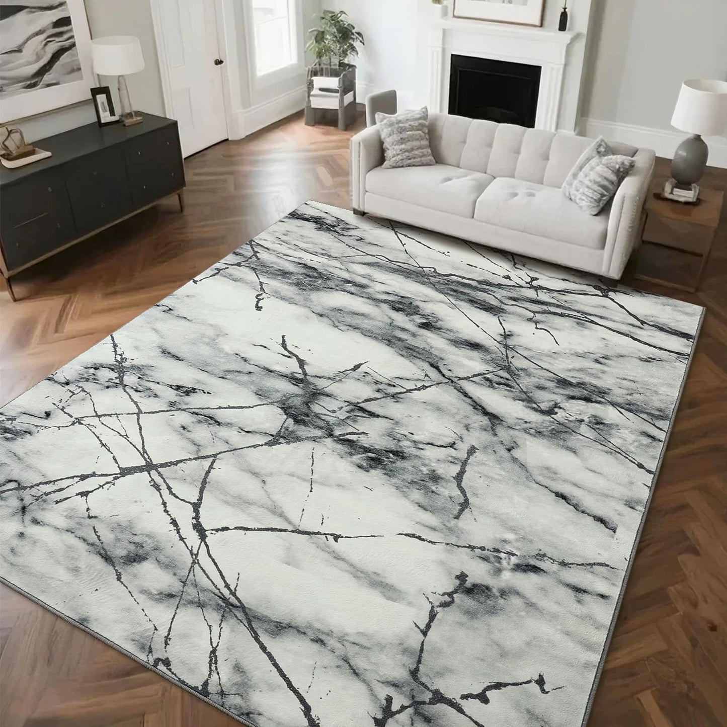 Przemy Area Rugs for Living Room, 4x6 Washable Rug for Bedroom, Modern Non Slip Carpet for Dorm Hallway Nursery Dining Room Office, Grey and White