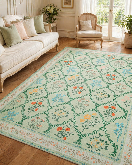 YIHOUSE Green Floral 5x7 Area Rugs for Bedroom Girls, Washable Rug for Living Room Non Slip Ultra-Thin, Large Boho Carpet for Kids Playroom, Classroom, Dorm, Nursery, Green Multi