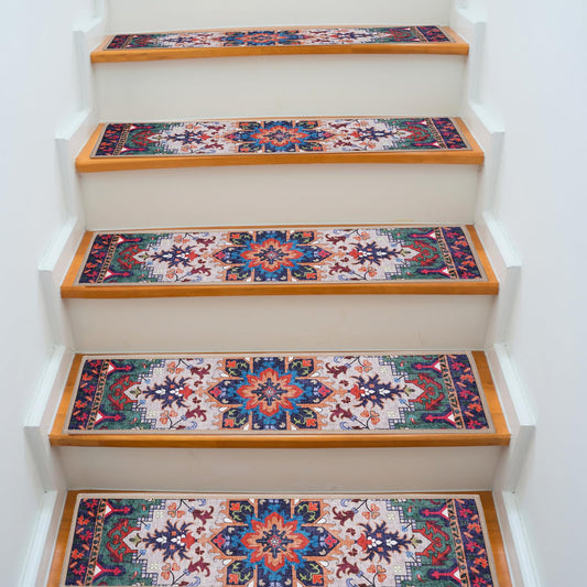 No Slip Stair Treads for Wooden Steps, Machine Washable Stair Runners 15 Pack 30x8 for Pets, Kids & Elders, (Boho - Orange)