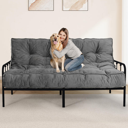 8" Futon Mattress Full Size 54" x 80", Thick Futon Sofa Couch Bed for Adults, Velvet Floor Futon Mattress Shredded Foam Filling, Tatami Sleeping Mat for Camping, Dorm, Dark Gray(Frame Not Included)