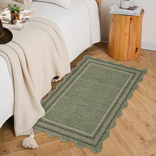 GarveeHome Scalloped Door Mat 2x3 Indoor Rugs for Entryway Washable Non-Slip Solid Small Rug Modern Soft Low-Pile Stain Resistant Carpet for Bedroom Kitchen Entrance Laundry, Green