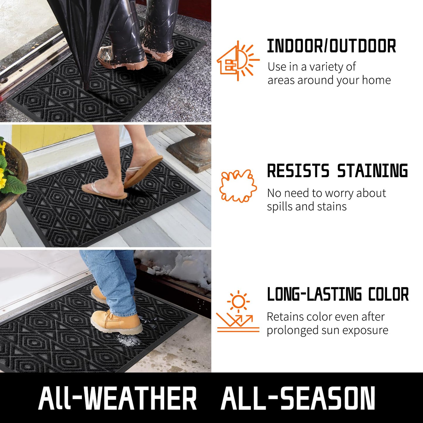Yimobra Door Mat, Outdoor Indoor Entrance Welcome Mat, Heavy Entry Front Door Mat, Stain & Fade Resistant, Low Profile, Sturdy Rubber, Easy Clean Patio Floor Mat, Waterproof, 47 x 24, Black