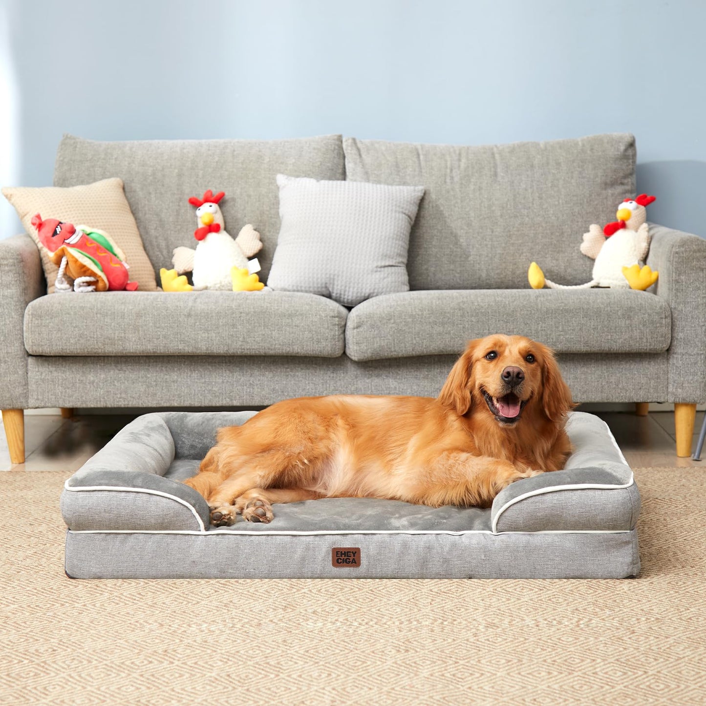EHEYCIGA Orthopedic Dog Beds for Extra Large Dogs 44x32Inch, Waterproof Memory Foam XL Pet Bed with Sides, Non-Slip and Egg-Crate Foam Big Dog Couch Bed with Washable Removable Cover, Grey