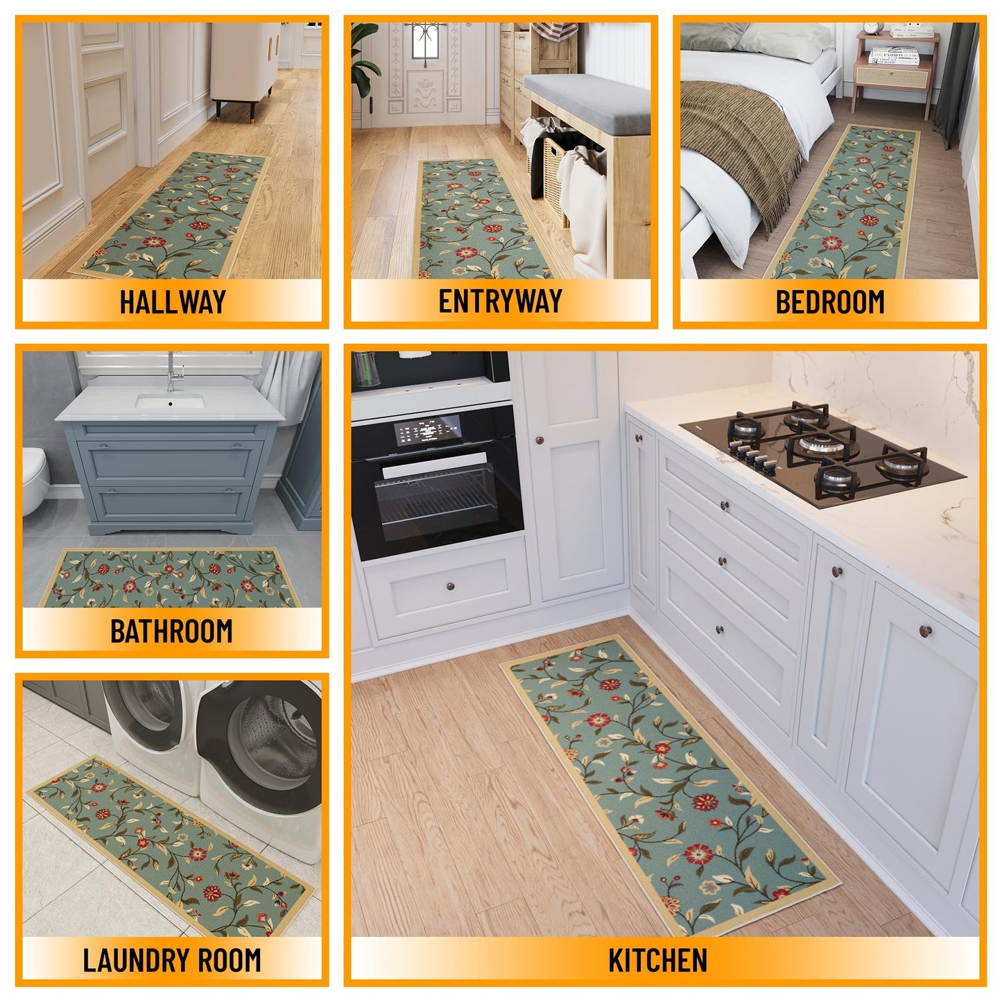 Ottomanson Hallway Runner Rug 20" x 59" Non Slip Floral Area Rugs Easy to Clean Laundry Rug Runner Durable Floor Carpet Runners for Hallways Entryway Living Room Kitchen Bathroom, Seafoam Green