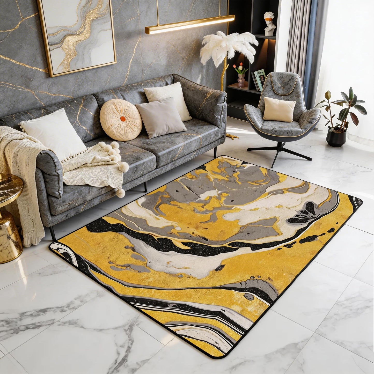 jejeloiu Black Gold Area Rug 3x5 Kids Yellow Black Marble Living Room Rugs for Bedroom Abstract Geometric Indoor Floor Mat Polyester Room Decor