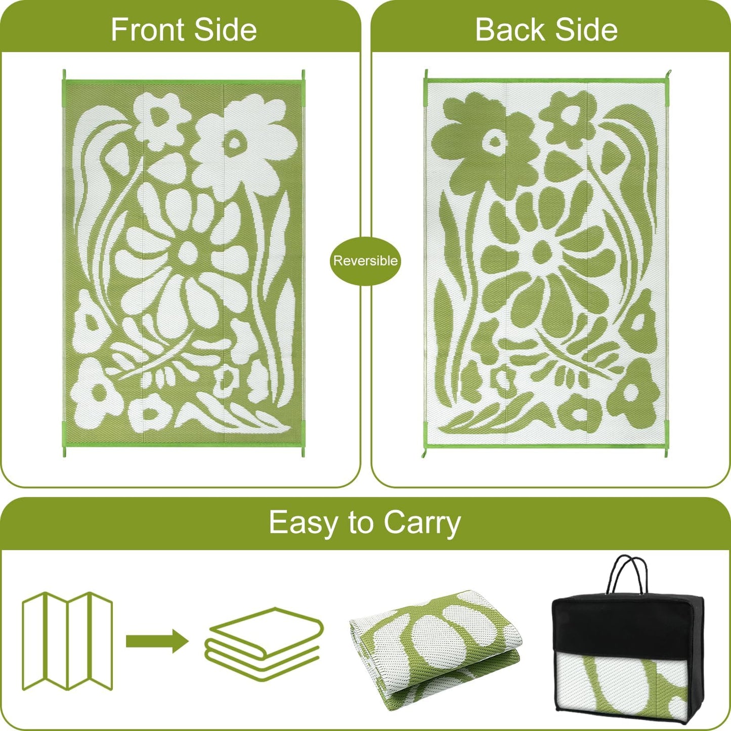 Uphome Outdoor Plastic Straw Mats 6x9 ft, Reversible Waterproof Outdoor Rug Carpet, Green Floral Patio Rug, RV Camping Rug for Outside, Indoor Outdoor Area Rug for Backyard Deck Balcony Picnic, 6'x9'