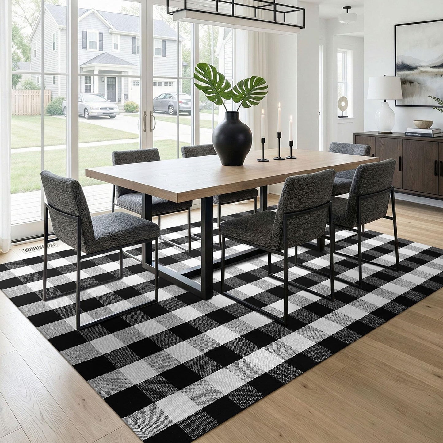 KOZYFLY Buffalo Plaid Area Rug 5x8 Living Room Rug Washable Cotton Black and White Checkered Rugs Outdoor Carpet for Dining Room Bedroom Farmhouse Patio Rugs