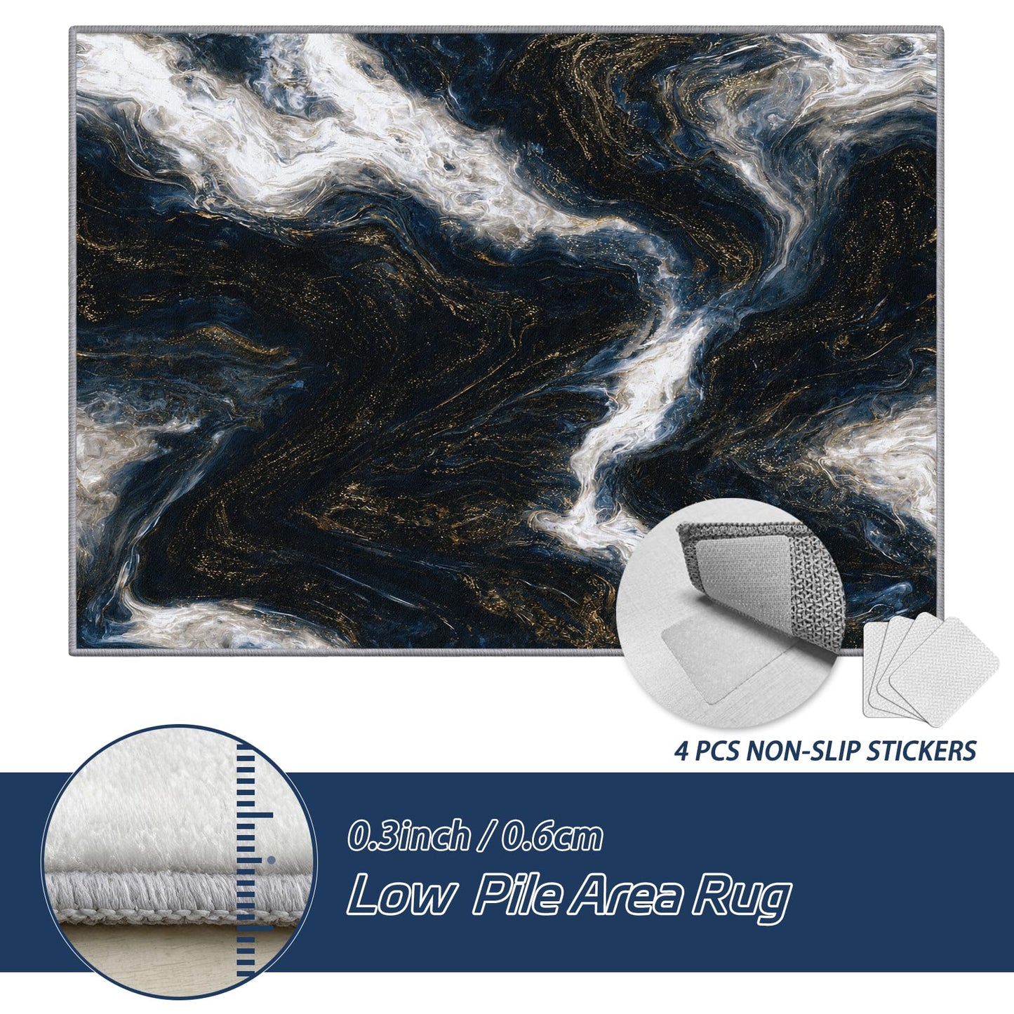 Aquailis Marble Rugs for Living Room - 2x3 Rug, Blue Gold Marble Swirl Area Rug, Abstract Modern Luxury Washable Non Slip Soft Rugs, Contemporary Carpet, Artistic Home Decor, Abstract Art Gifts