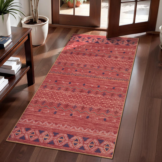SERISSA 2x4 Rugs for Entryway, Washable Non-Slip Kitchen Runner Rug Small Red Ochre Rug, Soft Low-Pile Boho Geometric Door Mat Indoor Entrance Front Door Carpet for Bedroom Bathroom