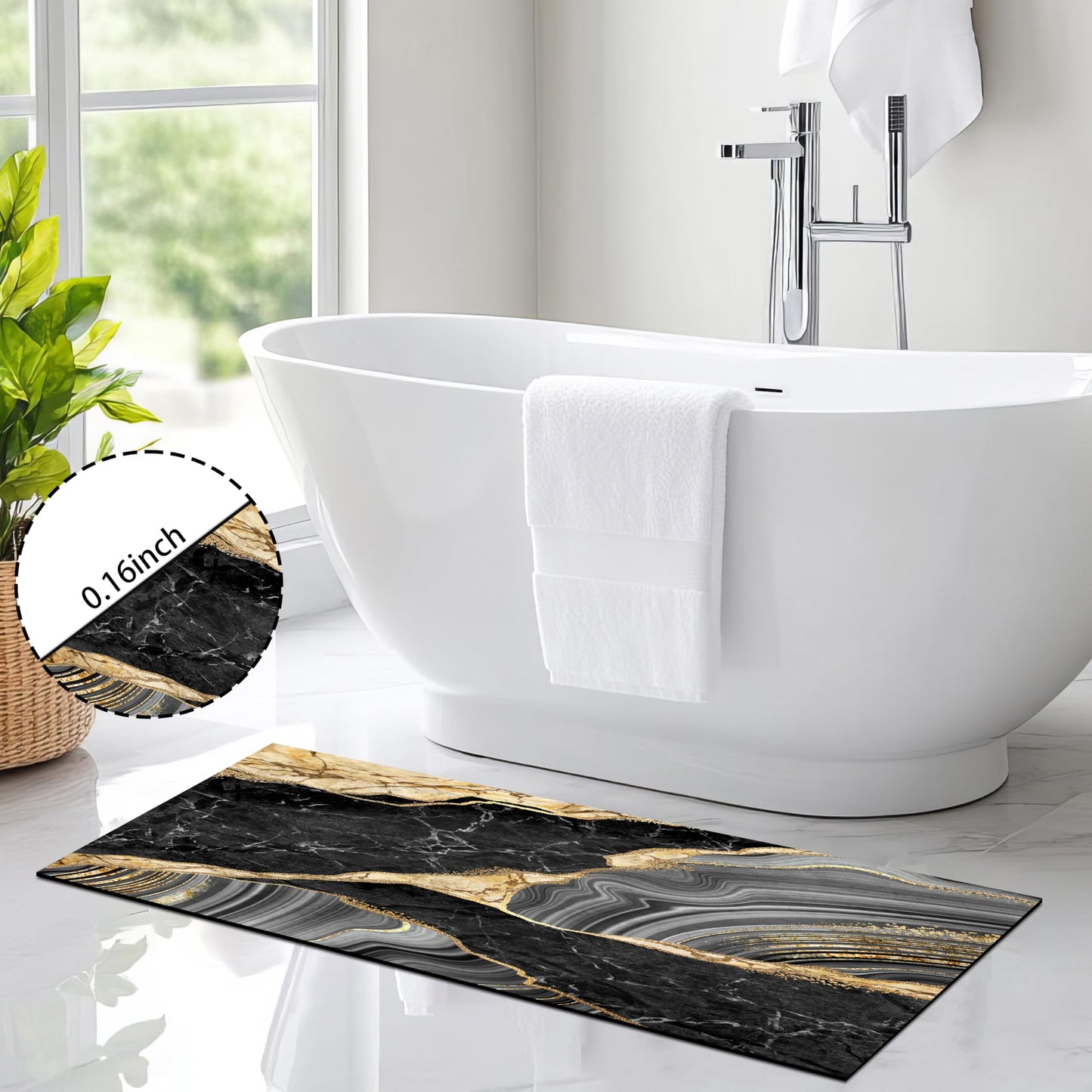 FNLNDO Black and Gold Bathroom Rugs Marble Long Runner Rug Bath Mats Gold Bathroom Decor Absorbent Non Slip Shower Mats with Rubber Backing for Home Laundry (17"x 47", Black & Gold Marble)