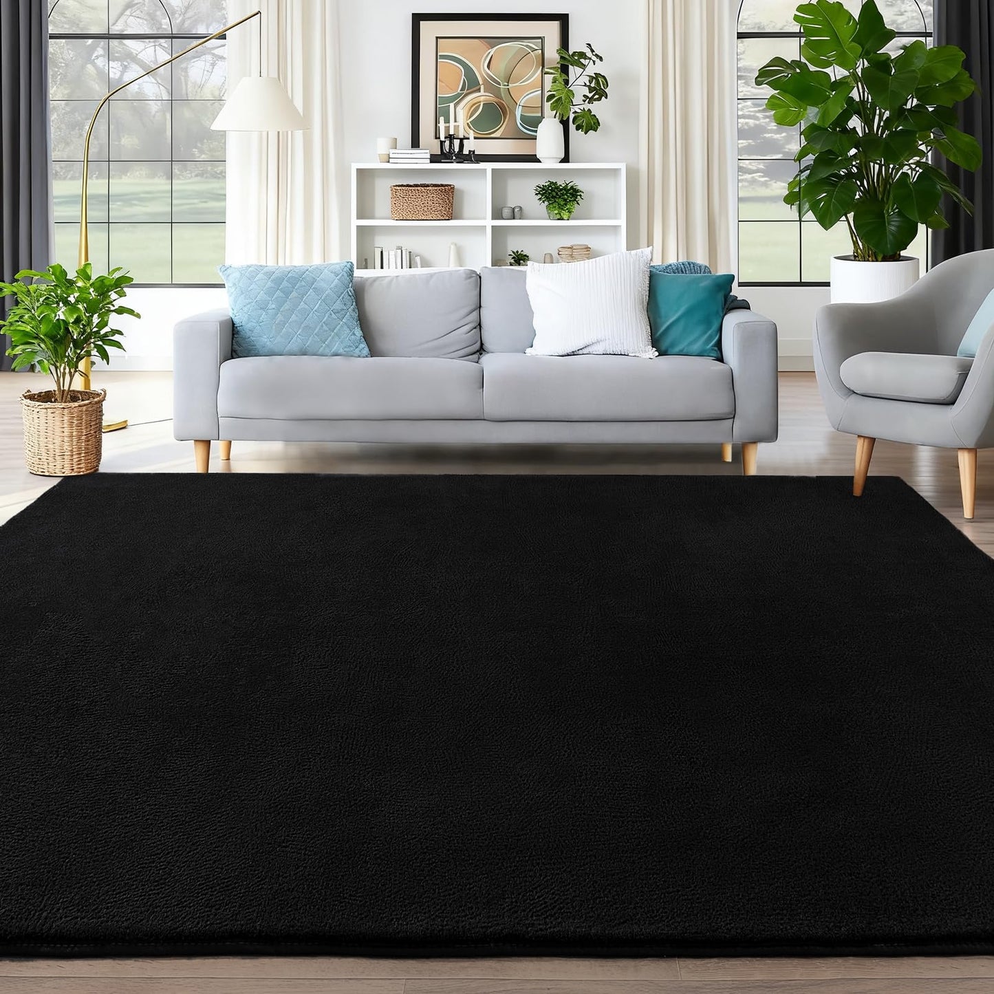 QDUIDU Large Area Rugs for Bedroom Living Room - 4x6 Feet Ultra Soft Black Rug Thickened with Memory-Foam, Solid Modern Minimalist Carpets for Home Decor, Non-Slip and Comfy Nursery Room Rugs