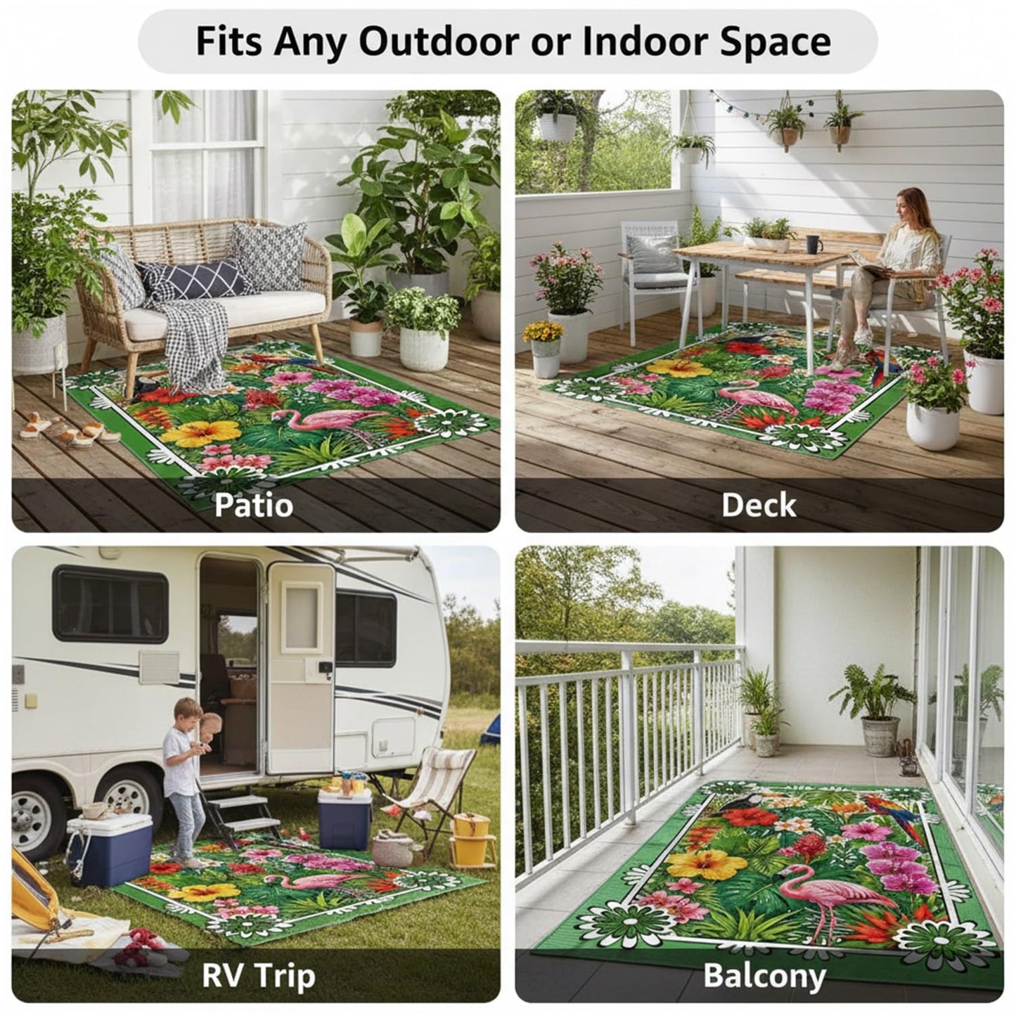 3D Waterproof Outdoor Area Rug 4x6 Tropical Floral Animal Print Green Pink Red Rugs for Porch Patio Deck Garden Rustic Jungle Outside Carpet Non Slip Thin Quick Dry Washable Floor Mats Throw Rugs