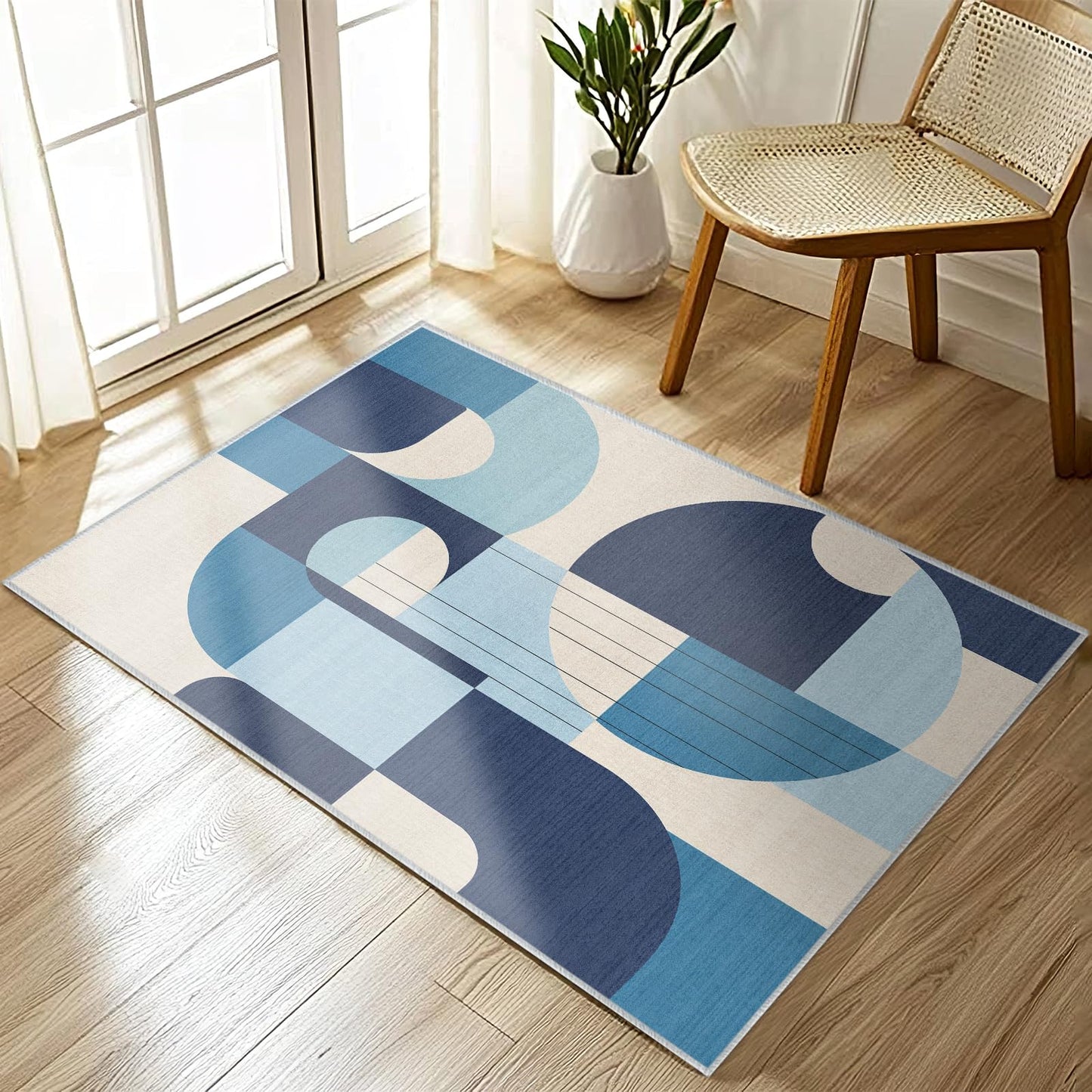 Snapjet 2x3 Blue and White Geometric Rug for Bathroom Entryway Abstract Modern Area Rug Machine Washable Mat Non-Slip Small Carpet for Bedroom Kitchen Indoor