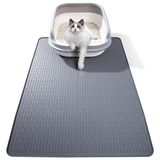 Silicone Cat Litter Mat, 28x20 in Waterproof Litter Box Mat Cats Feeding Mats with Raised Edges, Quick Clean Desig (Grey)