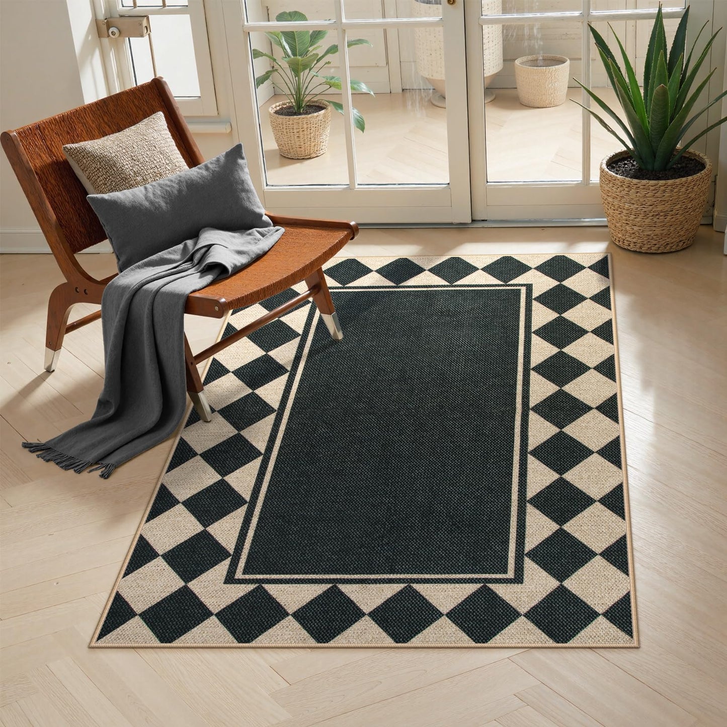 Moynesa Checkered Easy Jute Outdoor Patio Rug 3x5, Washable Indoor Outdoor Rugs for Entryway Non Slip, Farmhouse Carpet for Living Room Bedroom Kitchen Backyard Porches, Black Grid Pattern